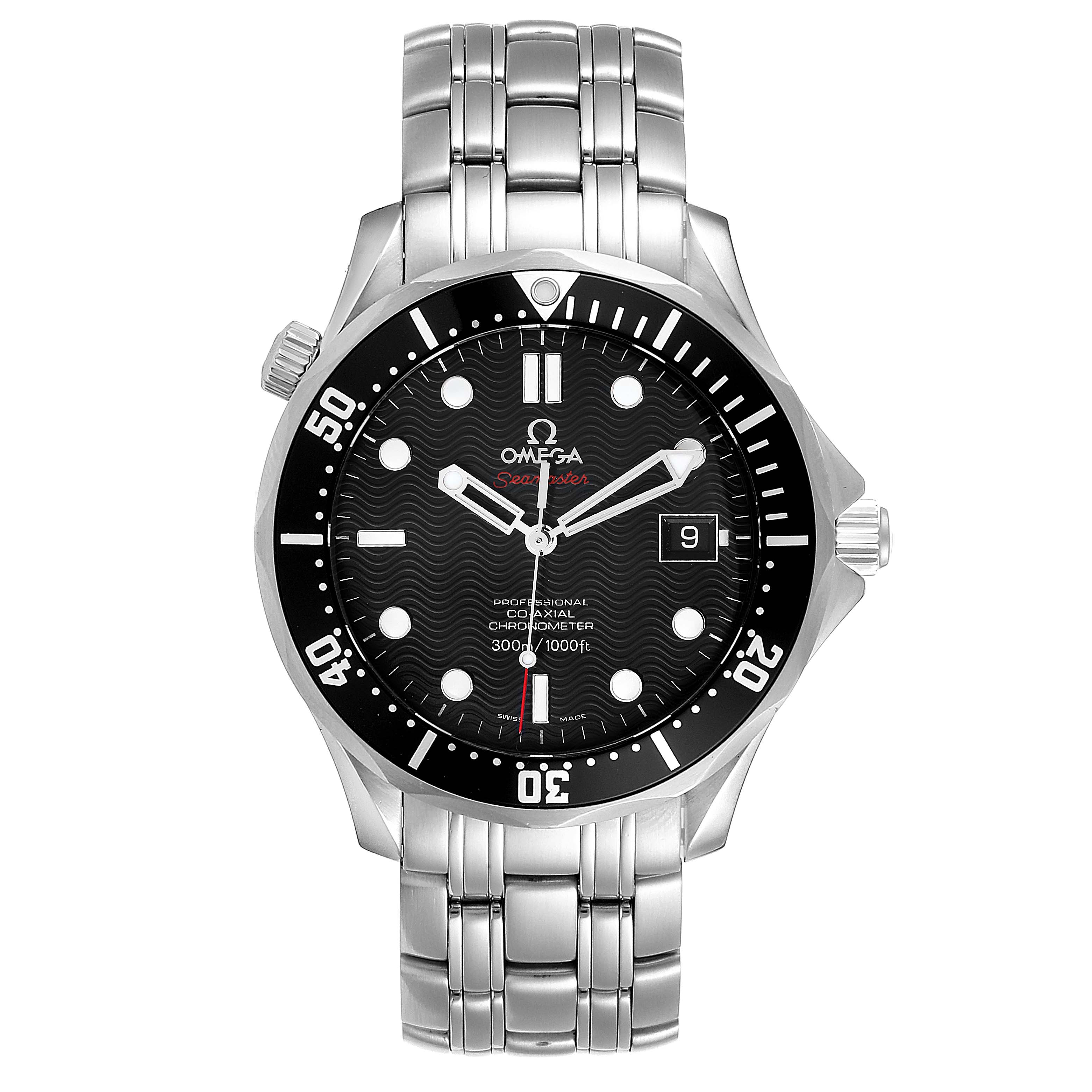 The image shows a front view of an Omega Seamaster 212.30.41.20.01.002 Men's Stainless Steel Black Dial 212.30.41.20.01.002 Men's Stainless Steel Black Dial watch, including its face, bezel, and stainless steel bracelet.