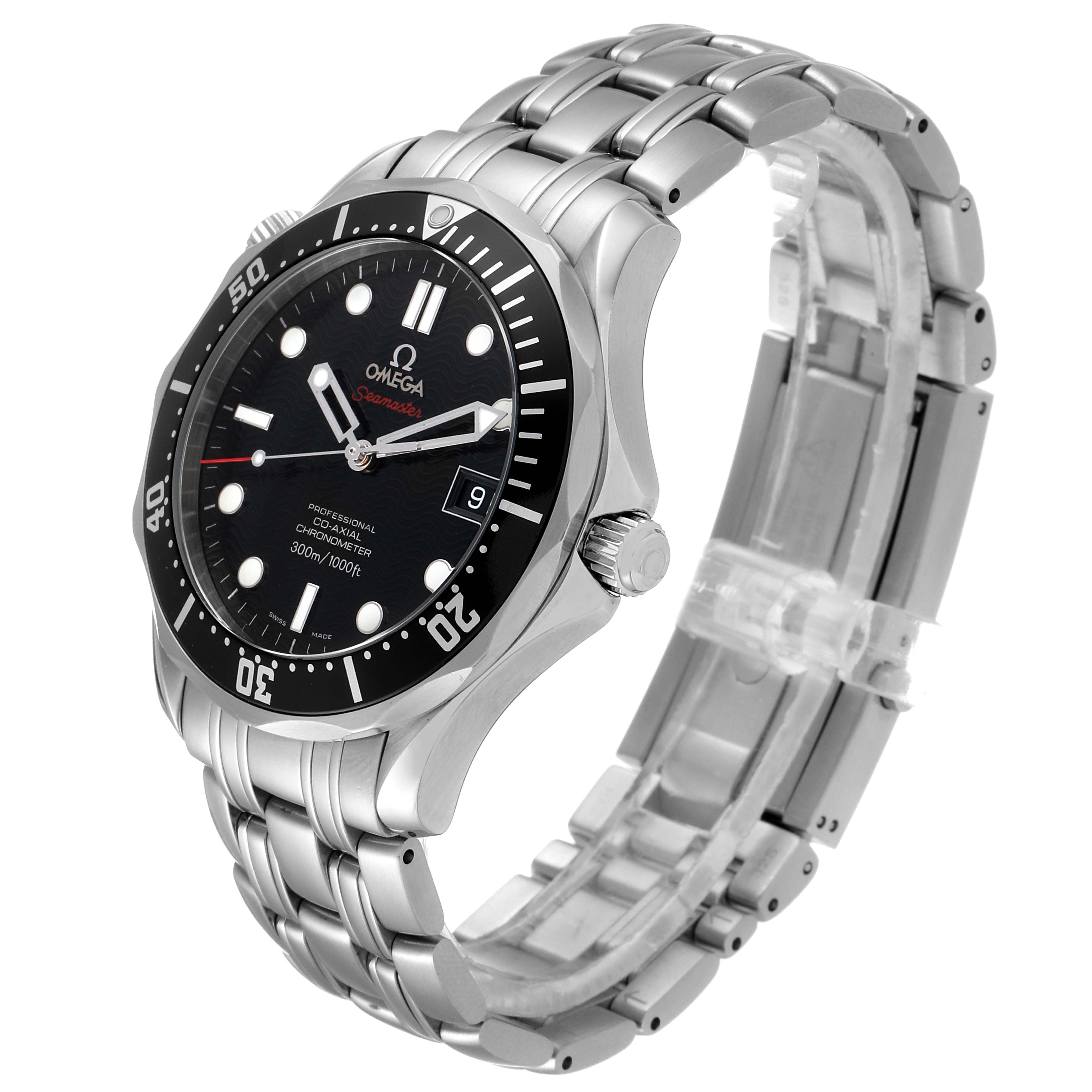 The image shows an angled side view of an Omega Seamaster 212.30.41.20.01.002 Men's Stainless Steel Black Dial 212.30.41.20.01.002 Men's Stainless Steel Black Dial watch, featuring its dial, bezel, crown, and stainless steel bracelet.