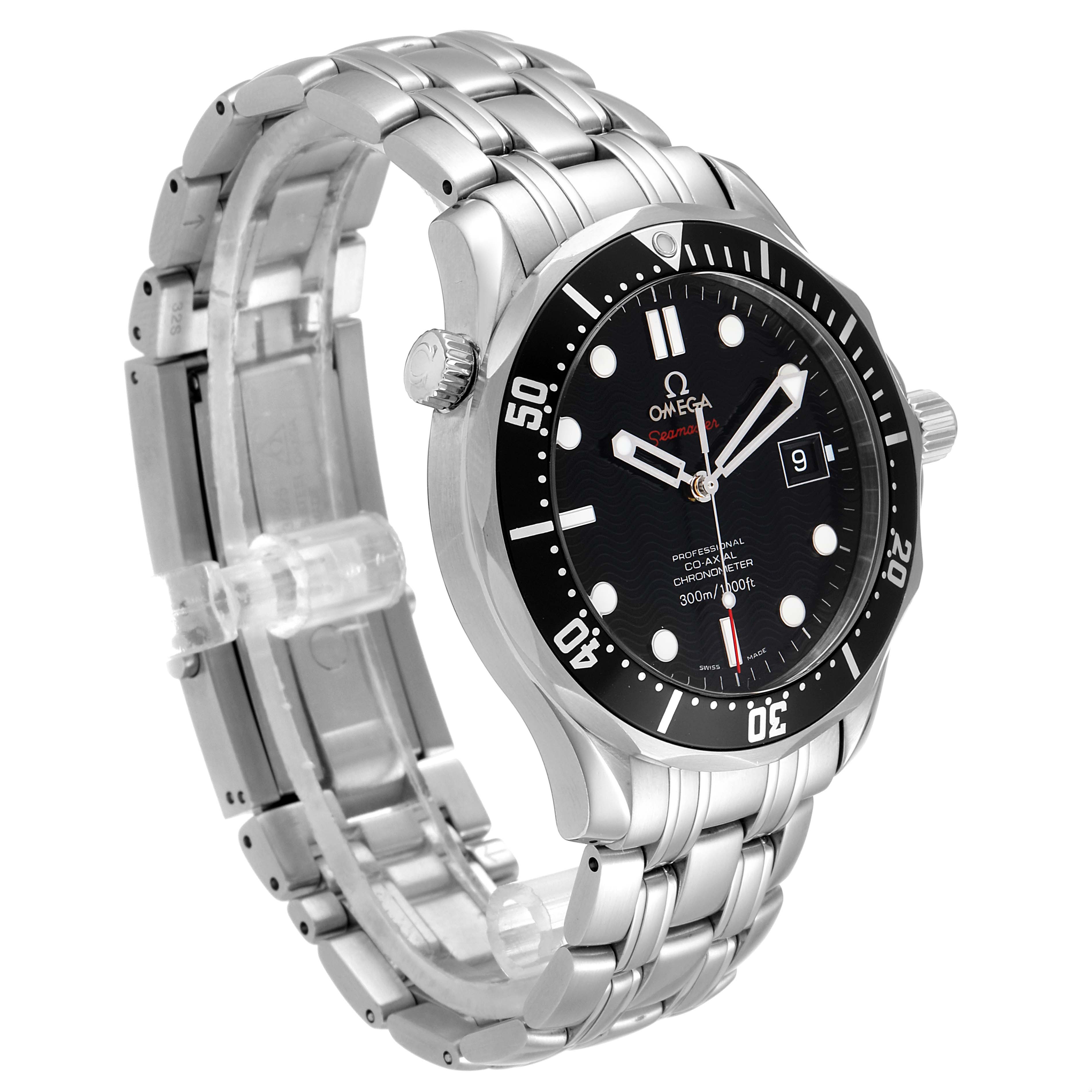 The image shows a three-quarter angle view of an Omega Seamaster 212.30.41.20.01.002 Men's Stainless Steel Black Dial 212.30.41.20.01.002 Men's Stainless Steel Black Dial watch, highlighting the dial, bezel, crown, and metal bracelet.