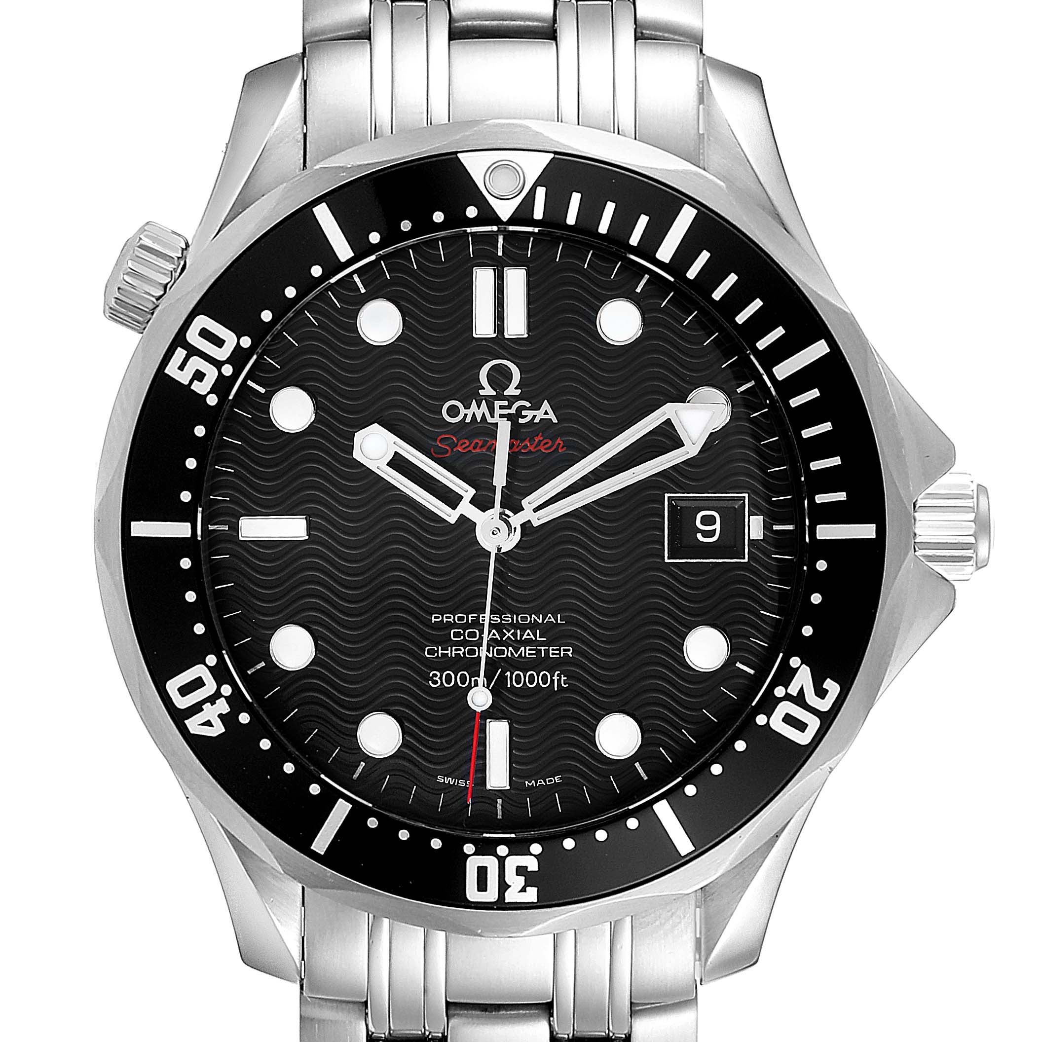 The image shows the front view of the Omega Seamaster 212.30.41.20.01.002 Men's Stainless Steel Black Dial 212.30.41.20.01.002 Men's Stainless Steel Black Dial watch, highlighting its black dial, bezel, and stainless steel bracelet.