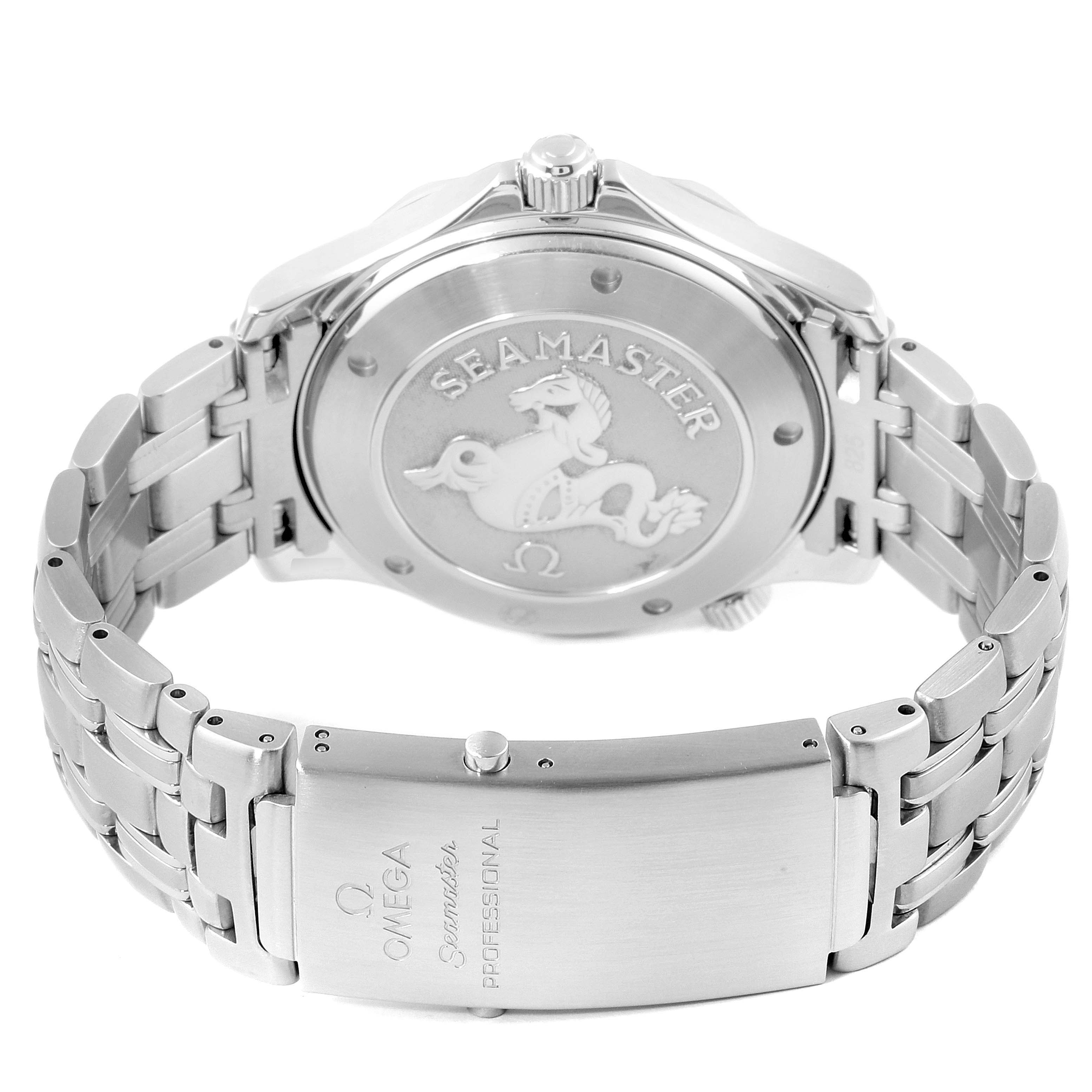 The image shows the Omega Seamaster 212.30.41.20.01.002 Men's Stainless Steel Black Dial 212.30.41.20.01.002 Men's Stainless Steel Black Dial's case back, bracelet, and clasp from the rear angle.