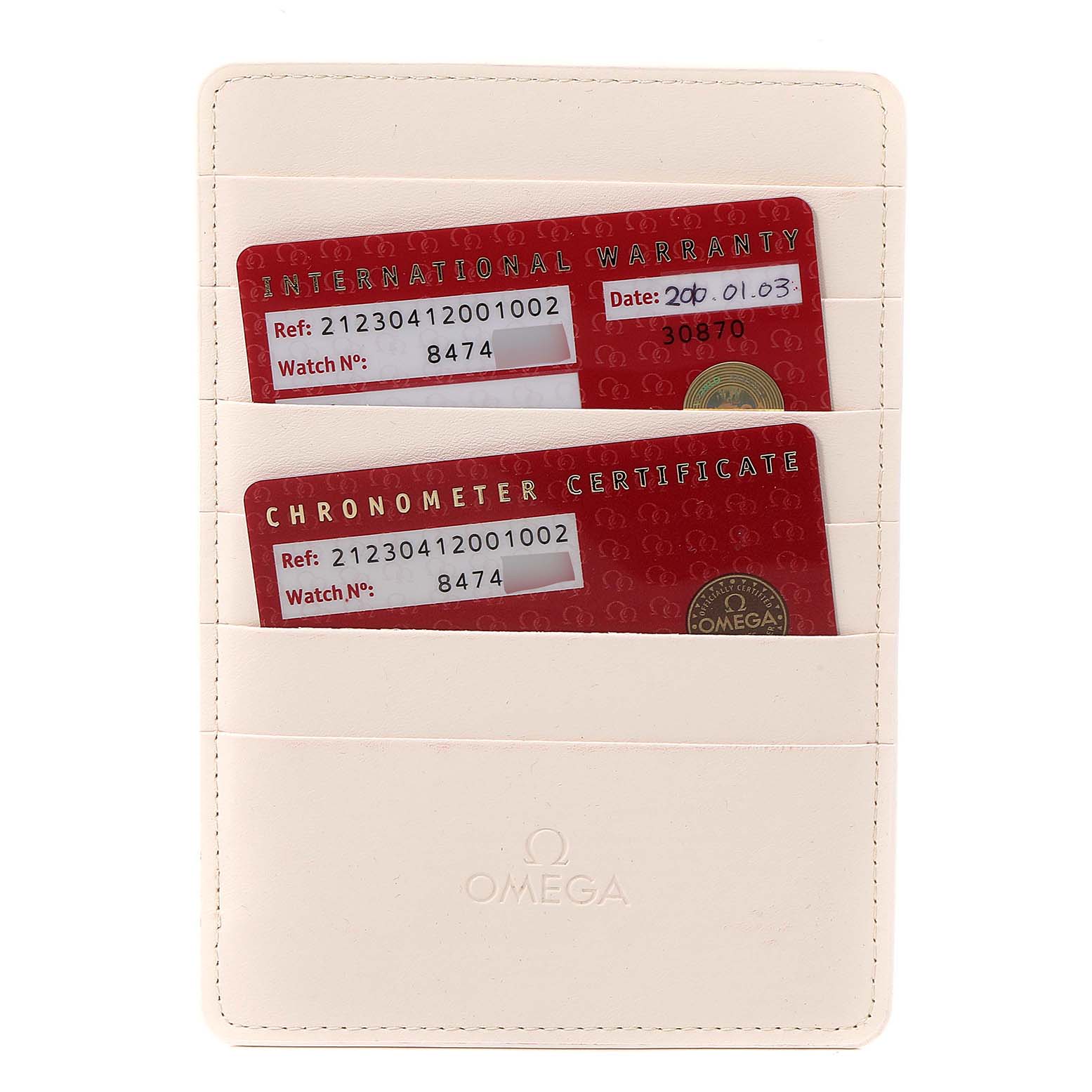 The image shows warranty and certificate cards for the Omega Seamaster 212.30.41.20.01.002 Men's Stainless Steel Black Dial 212.30.41.20.01.002 Men's Stainless Steel Black Dial model in a white cardholder.