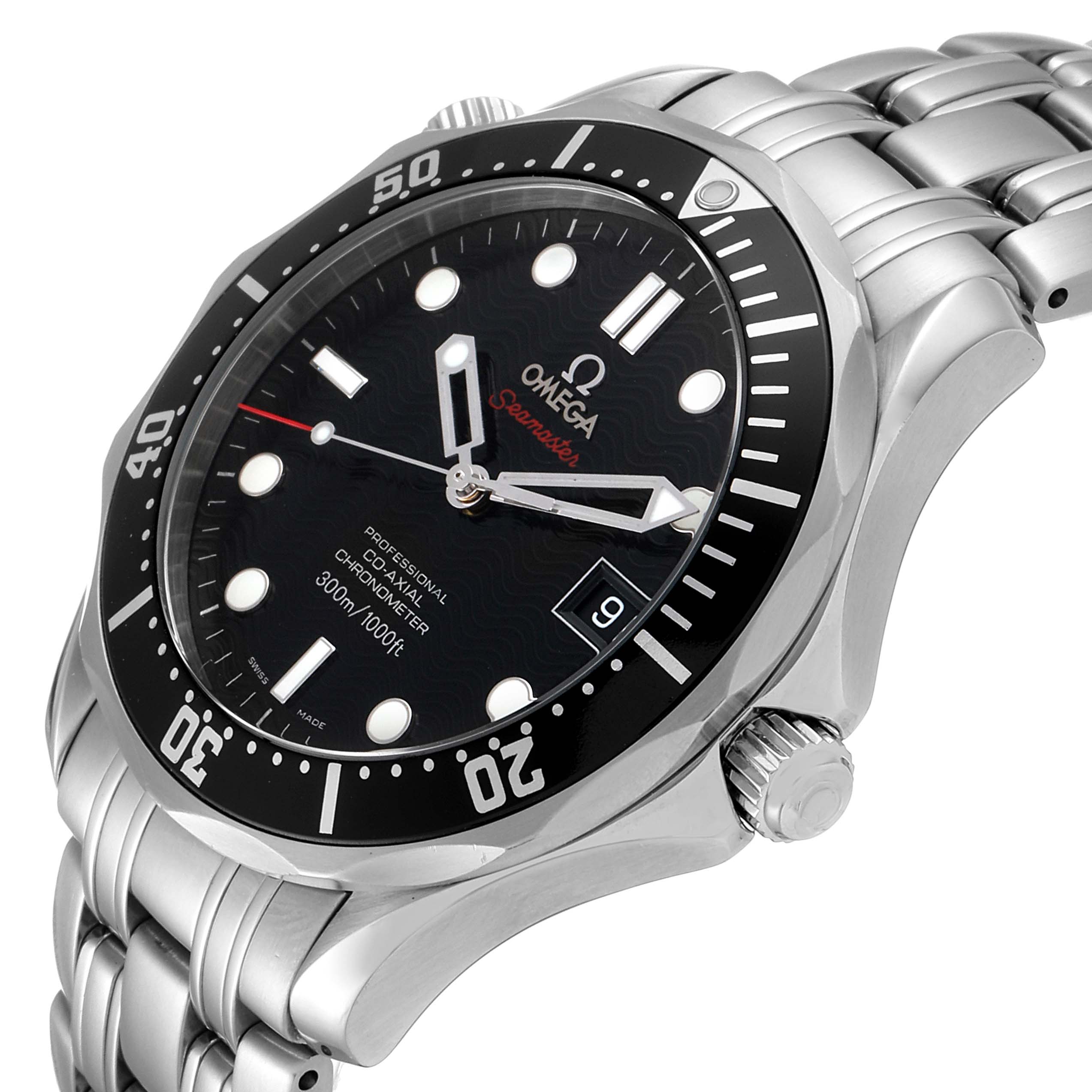 The image shows a close-up angle of the Omega Seamaster 212.30.41.20.01.002 Men's Stainless Steel Black Dial 212.30.41.20.01.002 Men's Stainless Steel Black Dial, focusing on the face, bezel, crown, and part of the bracelet.