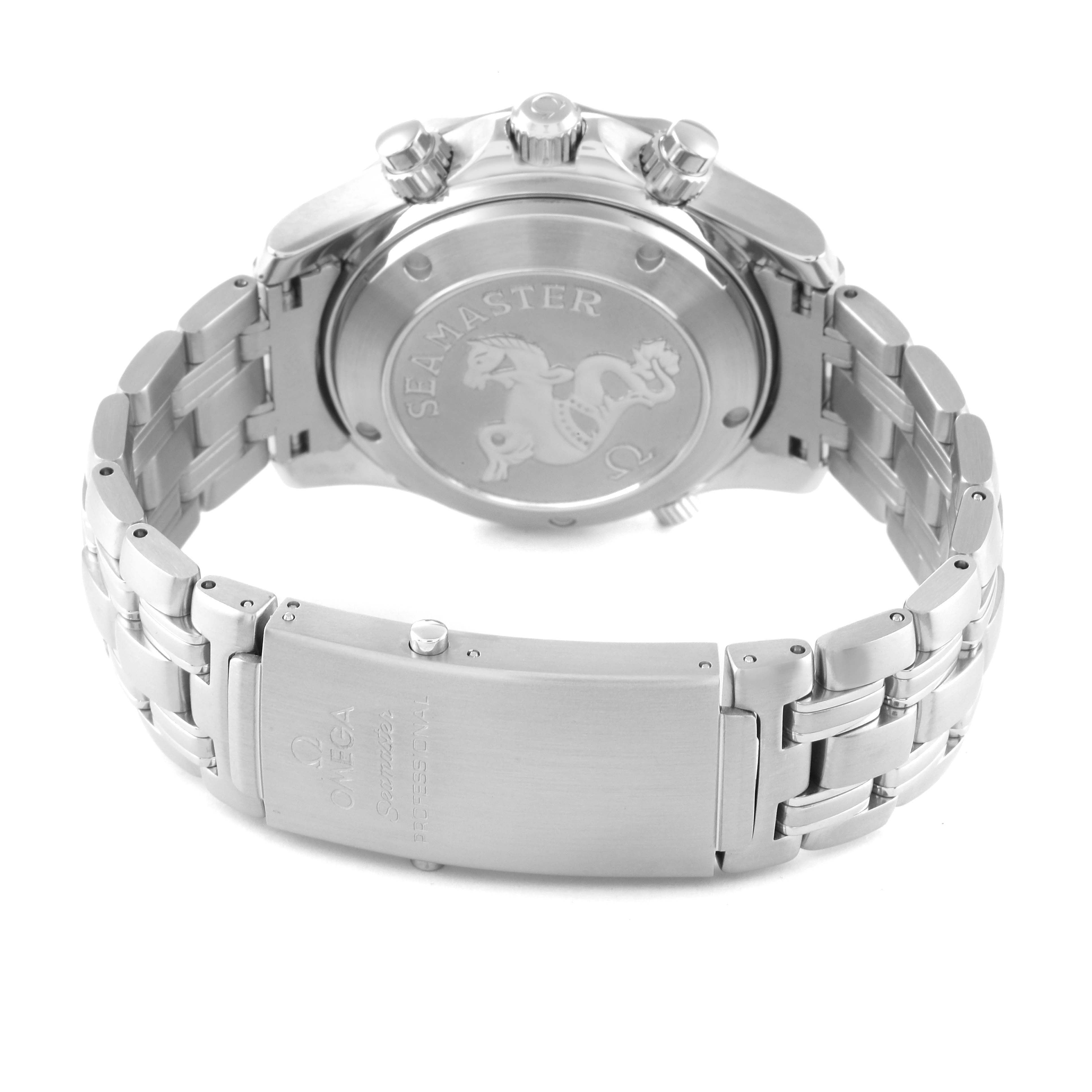 The image shows the back case and clasp of an Omega Seamaster 213.30.42.40.01.001 Men's Stainless Steel Black Dial 213.30.42.40.01.001 Men's Stainless Steel Black Dial watch, showcasing its bracelet and engraved back.