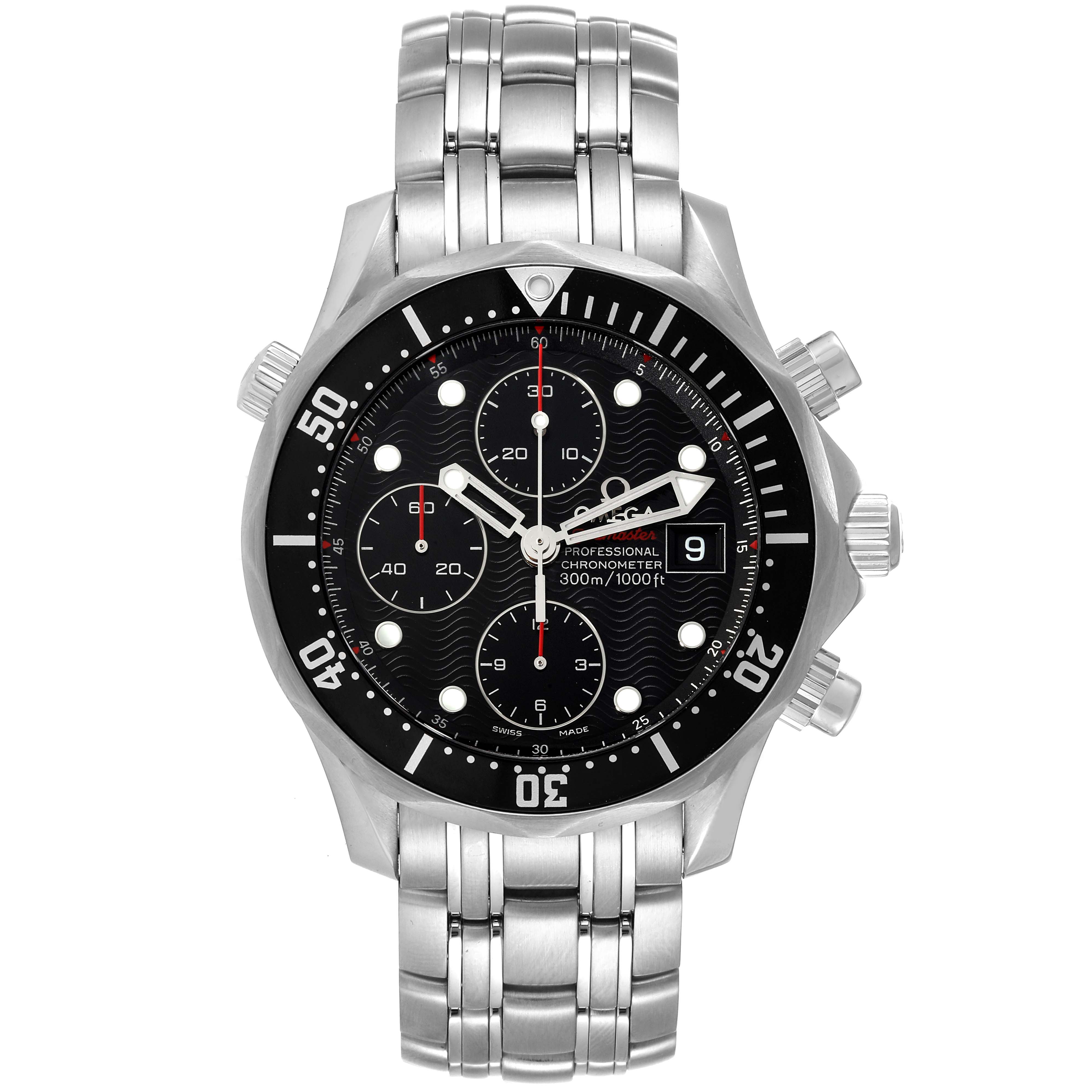 The image shows a front view of an Omega Seamaster 213.30.42.40.01.001 Men's Stainless Steel Black Dial 213.30.42.40.01.001 Men's Stainless Steel Black Dial watch, highlighting its face, bezel, and stainless steel bracelet.