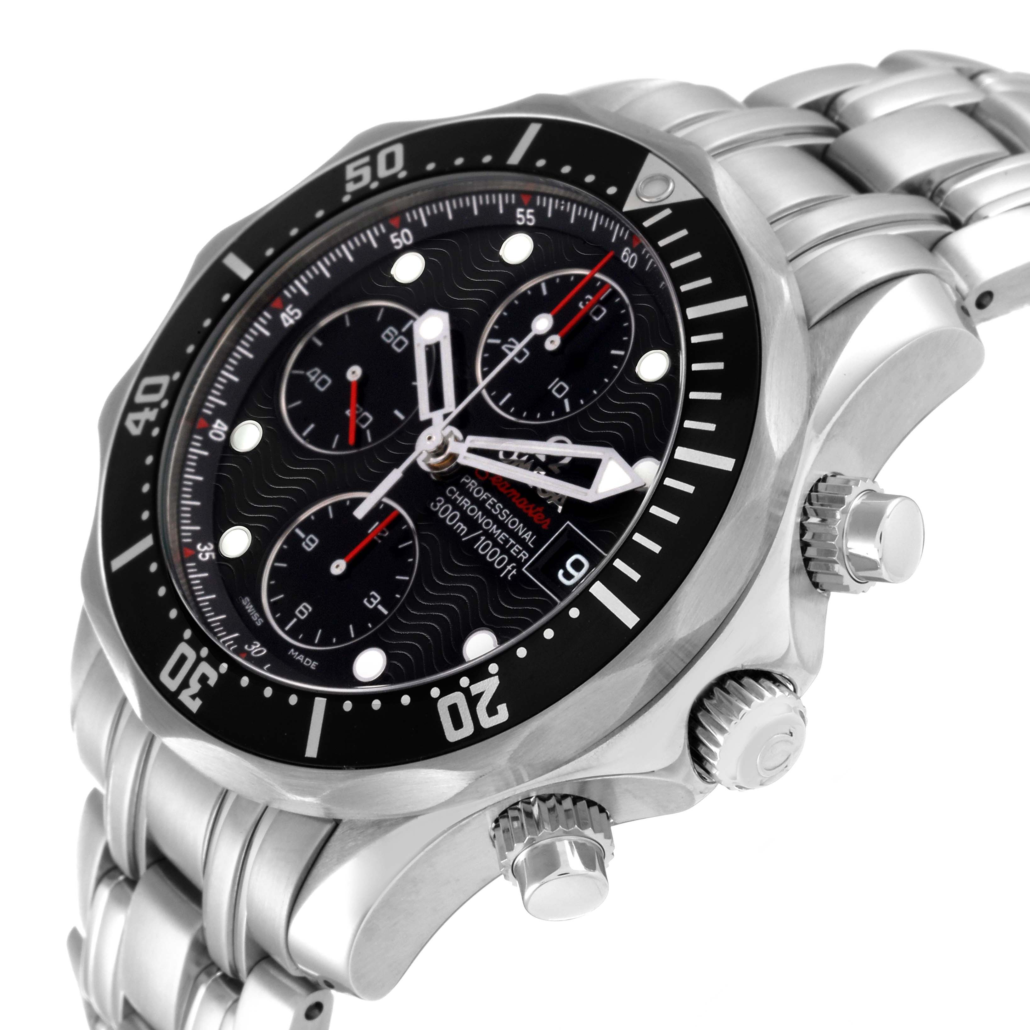 The image shows a side and angled front view of an Omega Seamaster 213.30.42.40.01.001 Men's Stainless Steel Black Dial 213.30.42.40.01.001 Men's Stainless Steel Black Dial watch displaying its bezel, dial, crown, and bracelet.