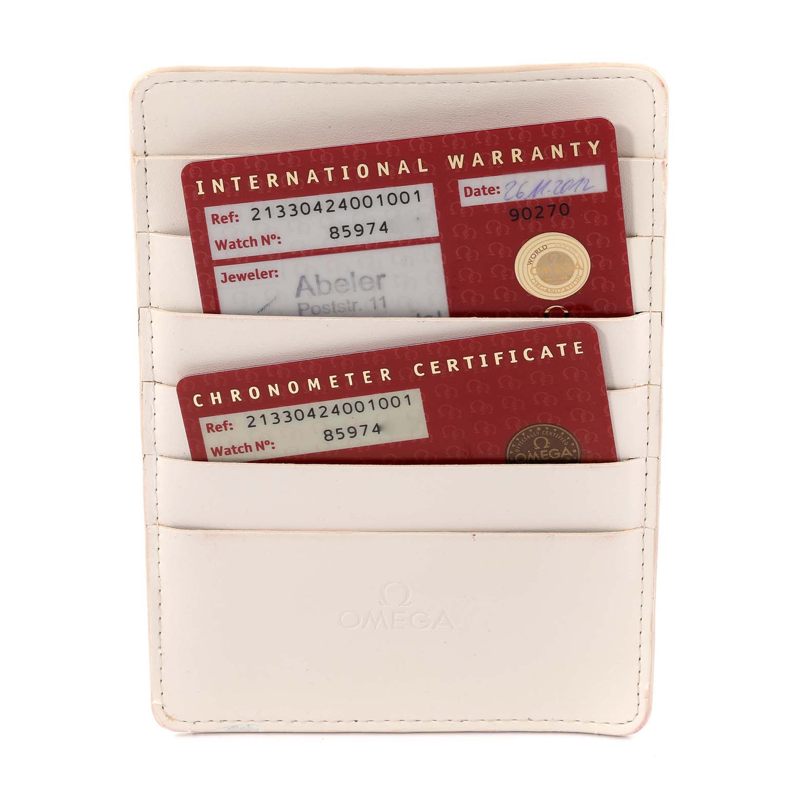 The image shows Omega Seamaster 213.30.42.40.01.001 Men's Stainless Steel Black Dial 213.30.42.40.01.001 Men's Stainless Steel Black Dial's warranty and chronometer certificate cards in a white cardholder.