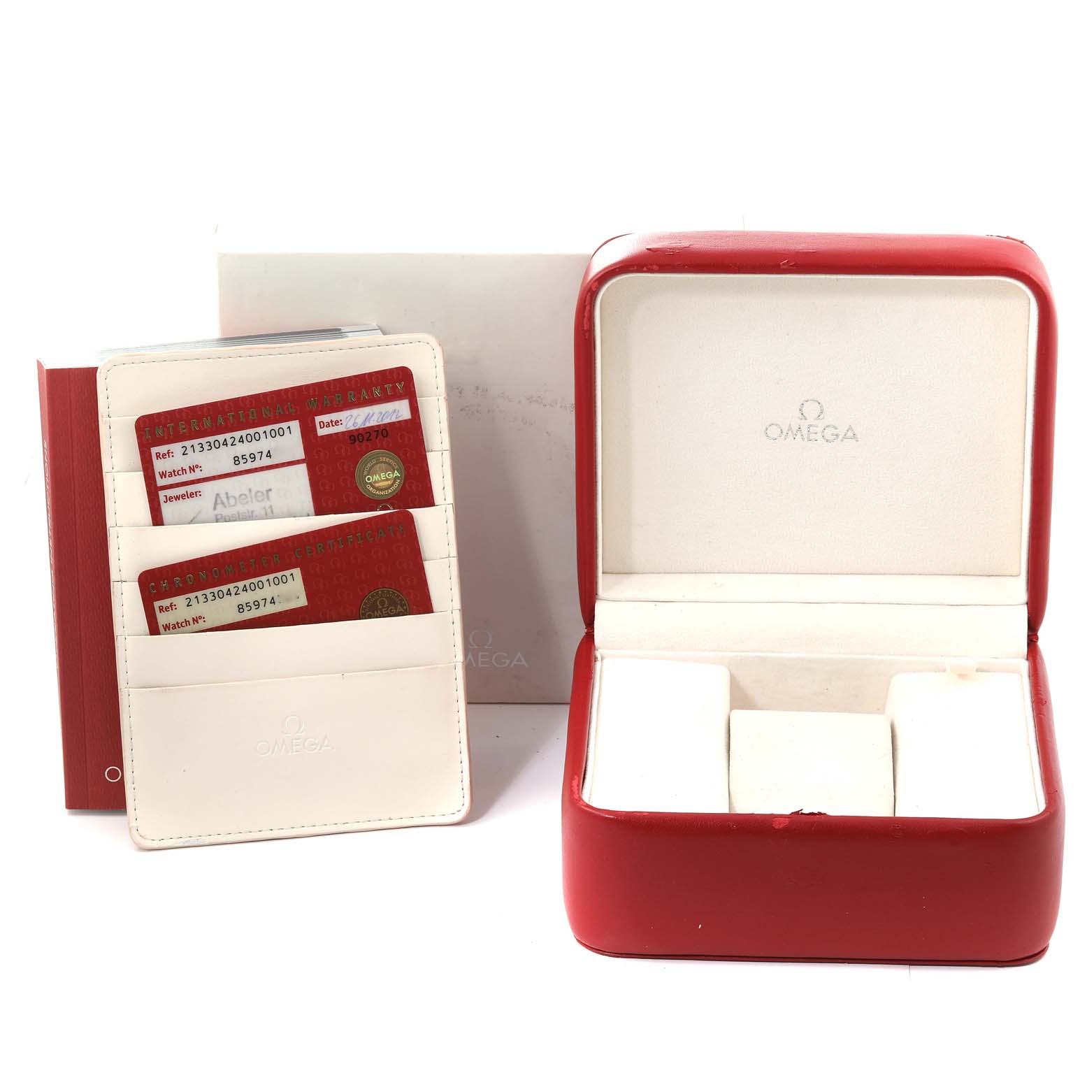 The image shows the Omega Seamaster 213.30.42.40.01.001 Men's Stainless Steel Black Dial 213.30.42.40.01.001 Men's Stainless Steel Black Dial watch box, warranty cards, and accompanying documentation.