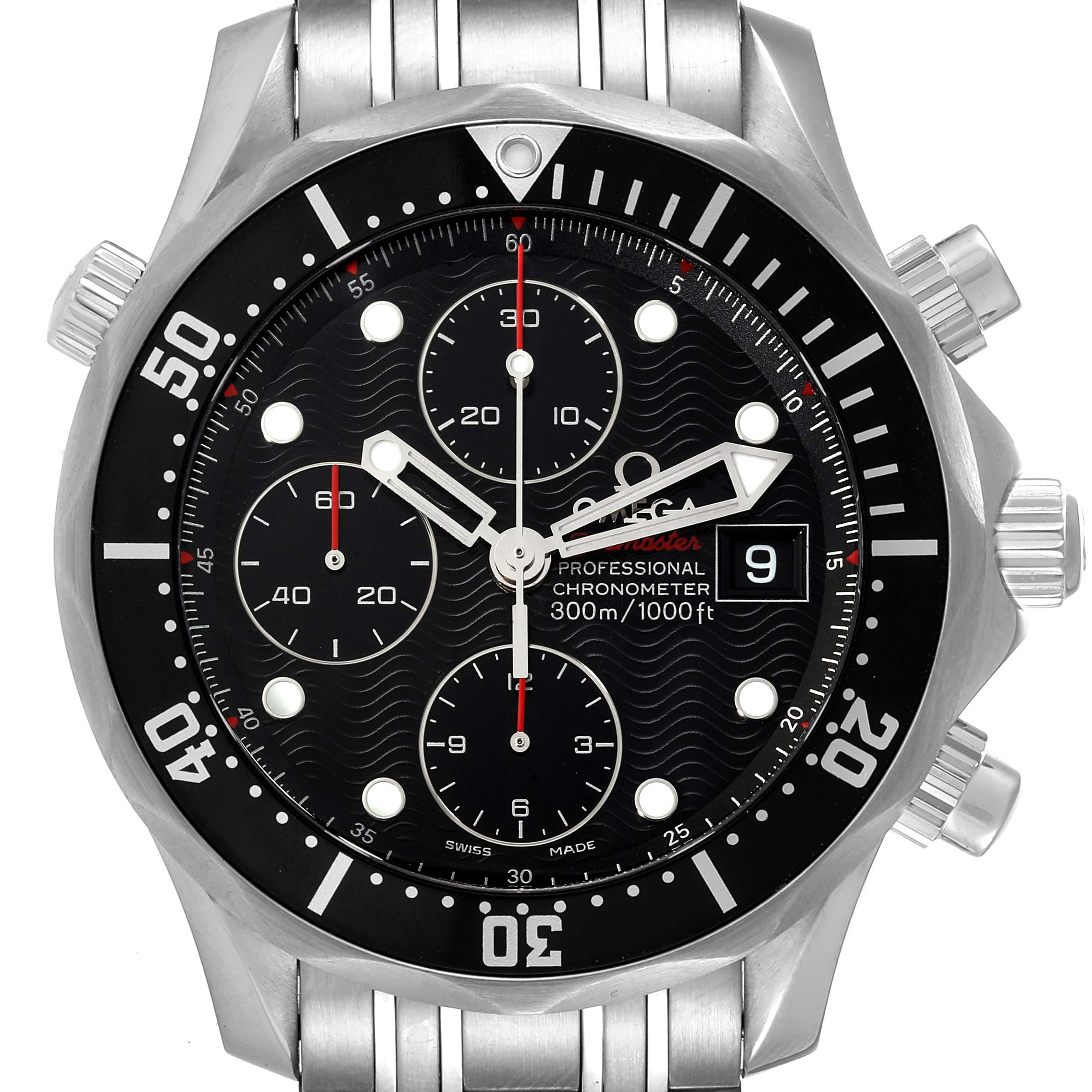 The Omega Seamaster 213.30.42.40.01.001 Men's Stainless Steel Black Dial 213.30.42.40.01.001 Men's Stainless Steel Black Dial watch is shown from a front angle, revealing the face, bezel, and bracelet.