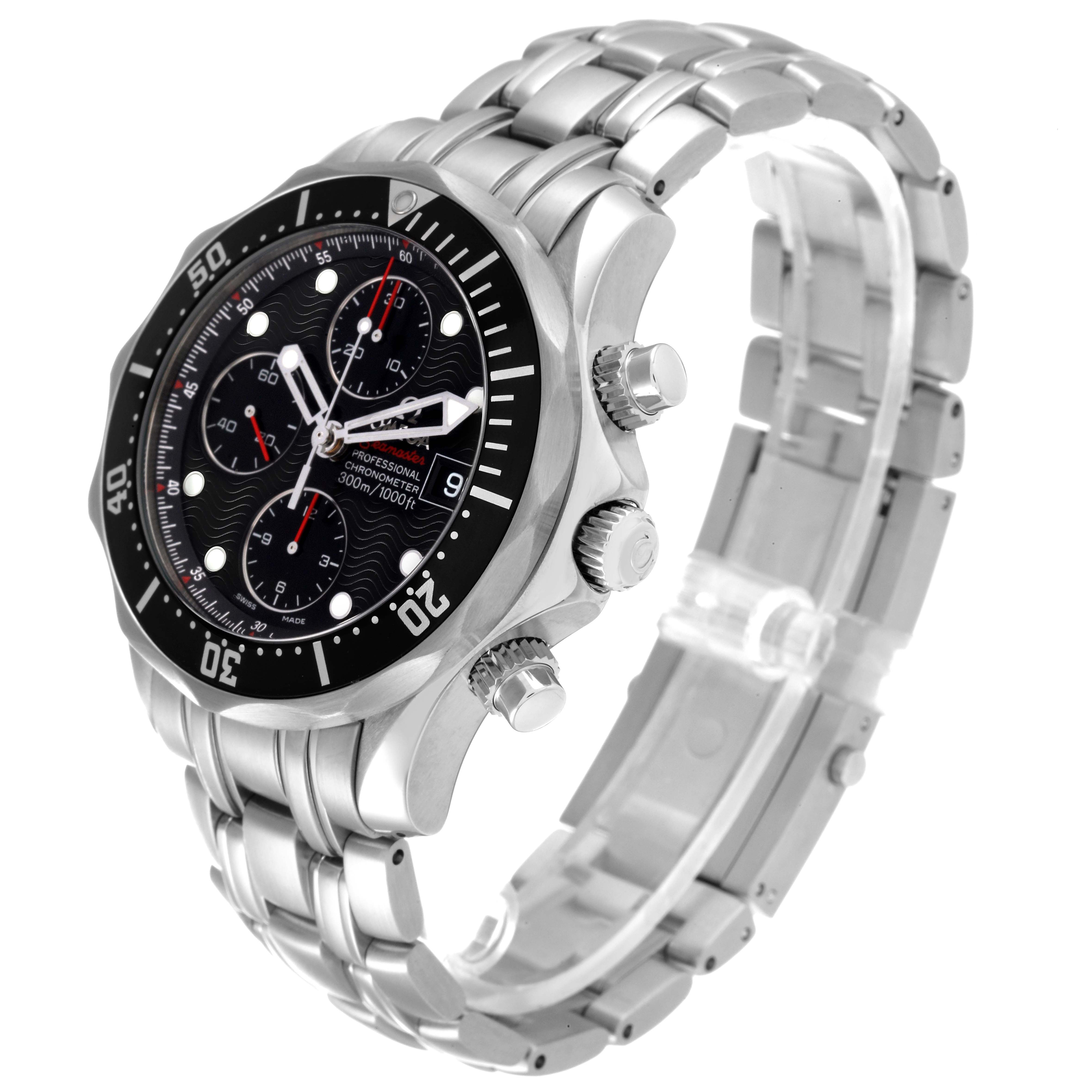 The Omega Seamaster 213.30.42.40.01.001 Men's Stainless Steel Black Dial 213.30.42.40.01.001 Men's Stainless Steel Black Dial watch is shown at a three-quarter angle highlighting the face, bezel, and full bracelet.