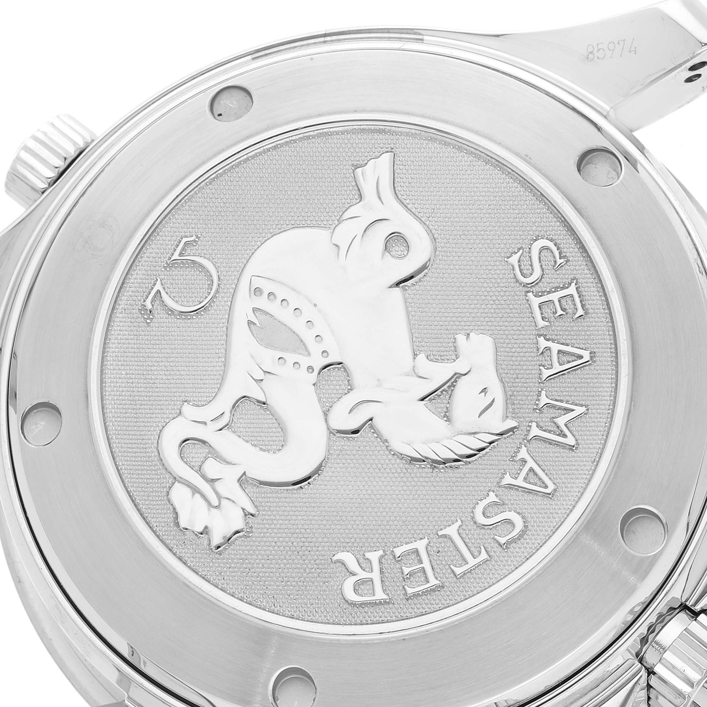 The image shows the case back of an Omega Seamaster 213.30.42.40.01.001 Men's Stainless Steel Black Dial 213.30.42.40.01.001 Men's Stainless Steel Black Dial watch, featuring an engraving of a seahorse and the Seamaster name.