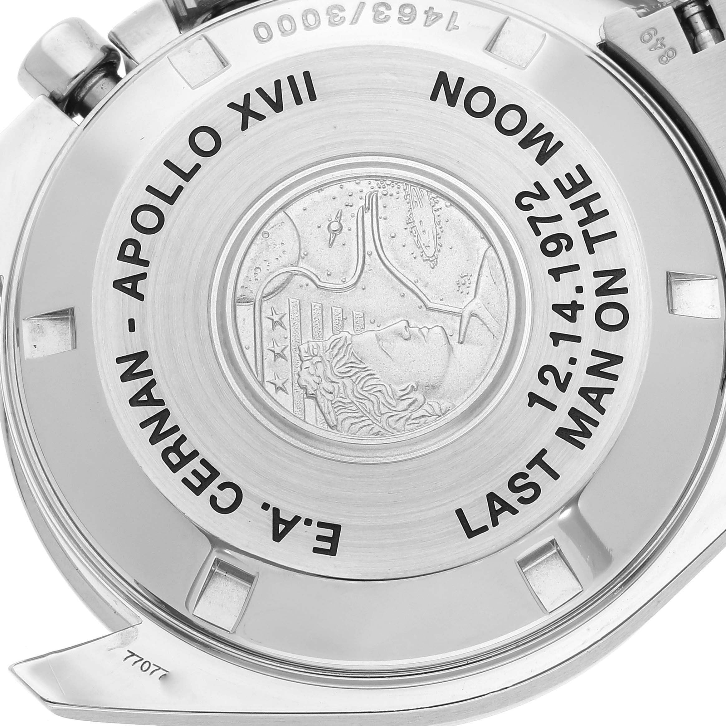 The image shows the case back of an Omega Speedmaster 3574.51.00 Men's Stainless Steel Black Dial 3574.51.00 Men's Stainless Steel Black Dial watch, commemorating Apollo XVII and astronaut E.A. Cernan.