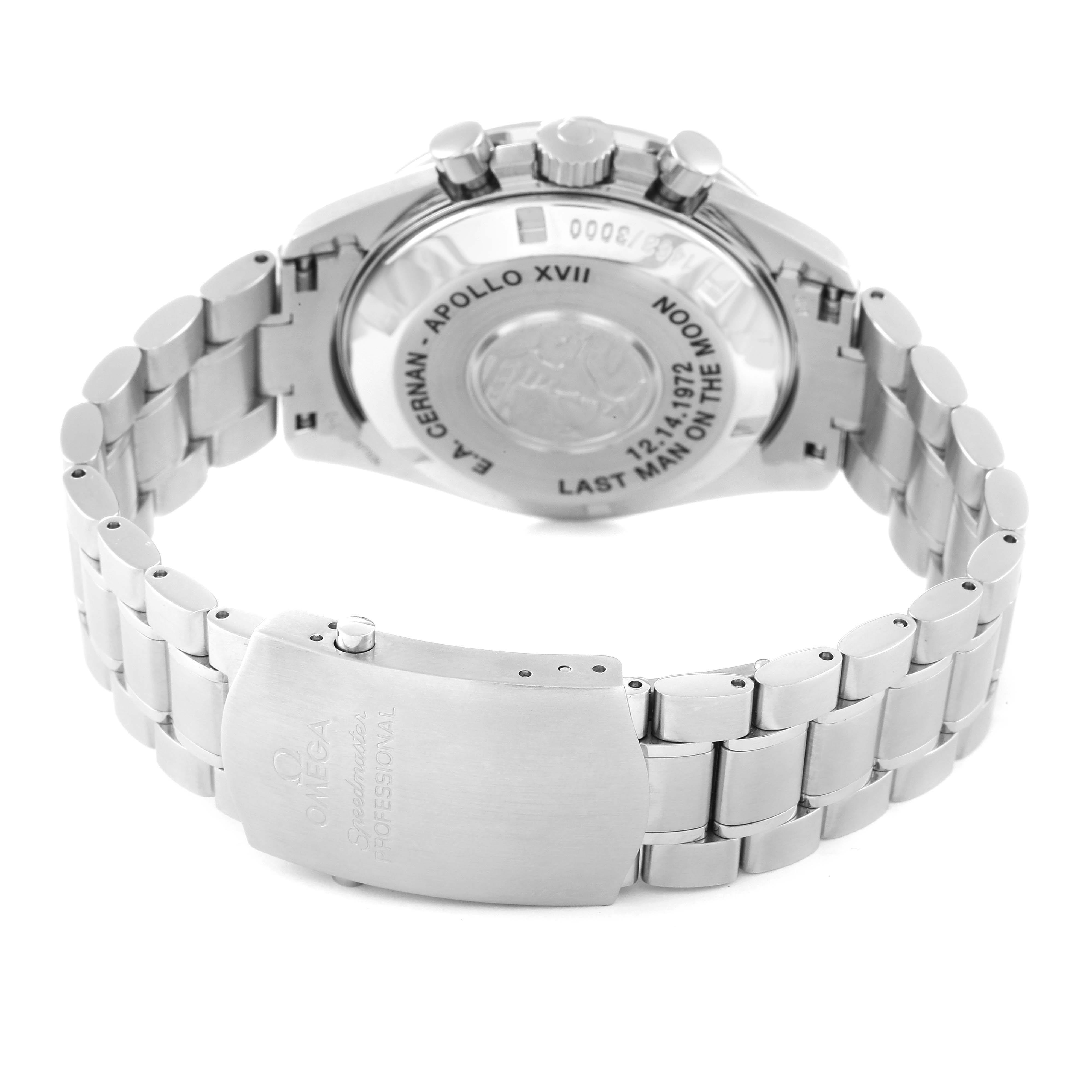 The image shows the back and clasp of the Omega Speedmaster 3574.51.00 Men's Stainless Steel Black Dial 3574.51.00 Men's Stainless Steel Black Dial watch, highlighting the engravings and stainless steel bracelet.