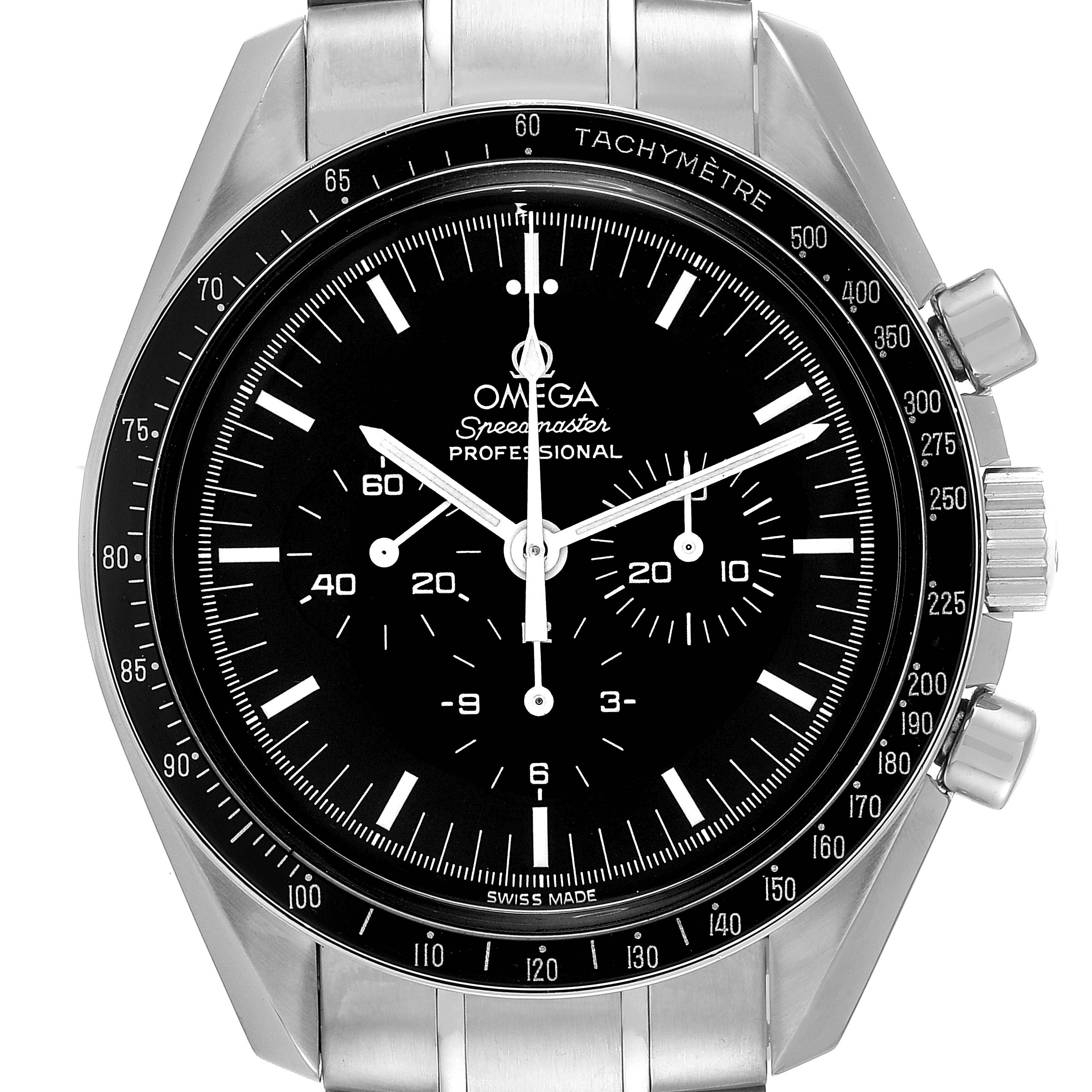 This image shows the front view of an Omega Speedmaster 3574.51.00 Men's Stainless Steel Black Dial 3574.51.00 Men's Stainless Steel Black Dial watch, displaying the face, bezel, and part of the stainless steel bracelet.