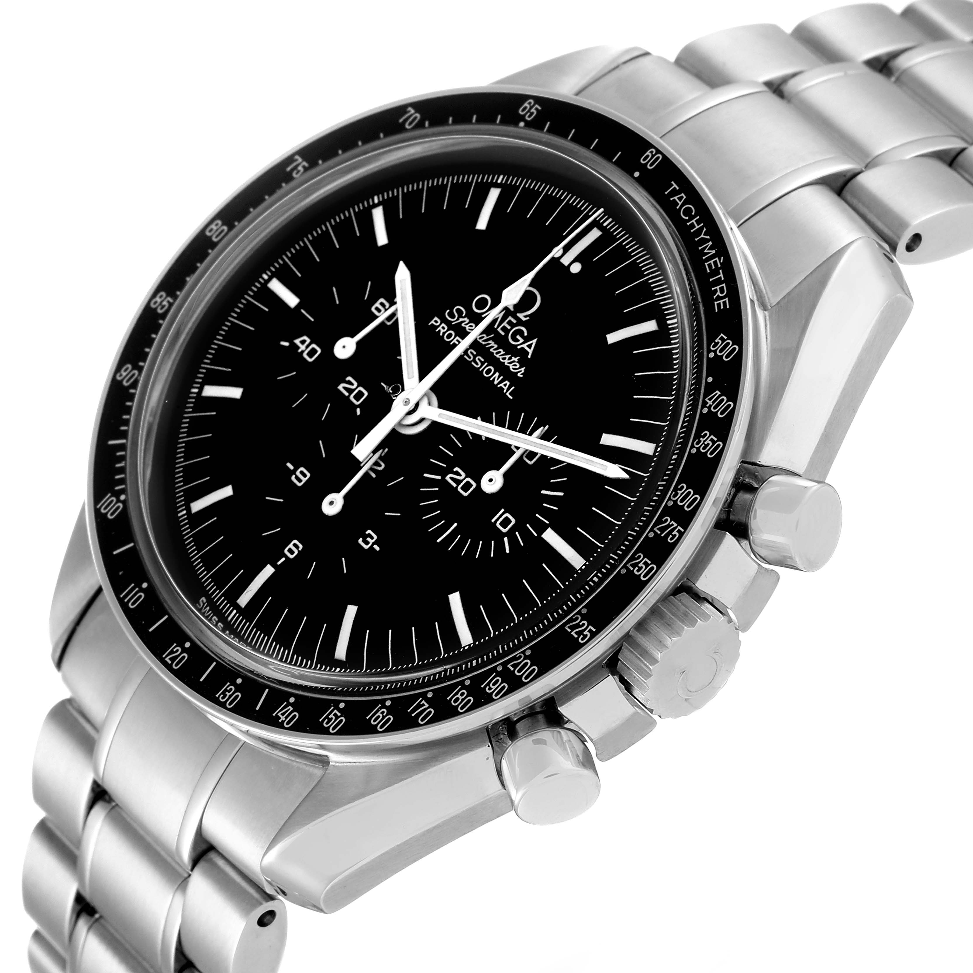This image shows an angled view of the Omega Speedmaster 3574.51.00 Men's Stainless Steel Black Dial 3574.51.00 Men's Stainless Steel Black Dial watch, highlighting the dial, bezel, crown, pushers, and part of the bracelet.
