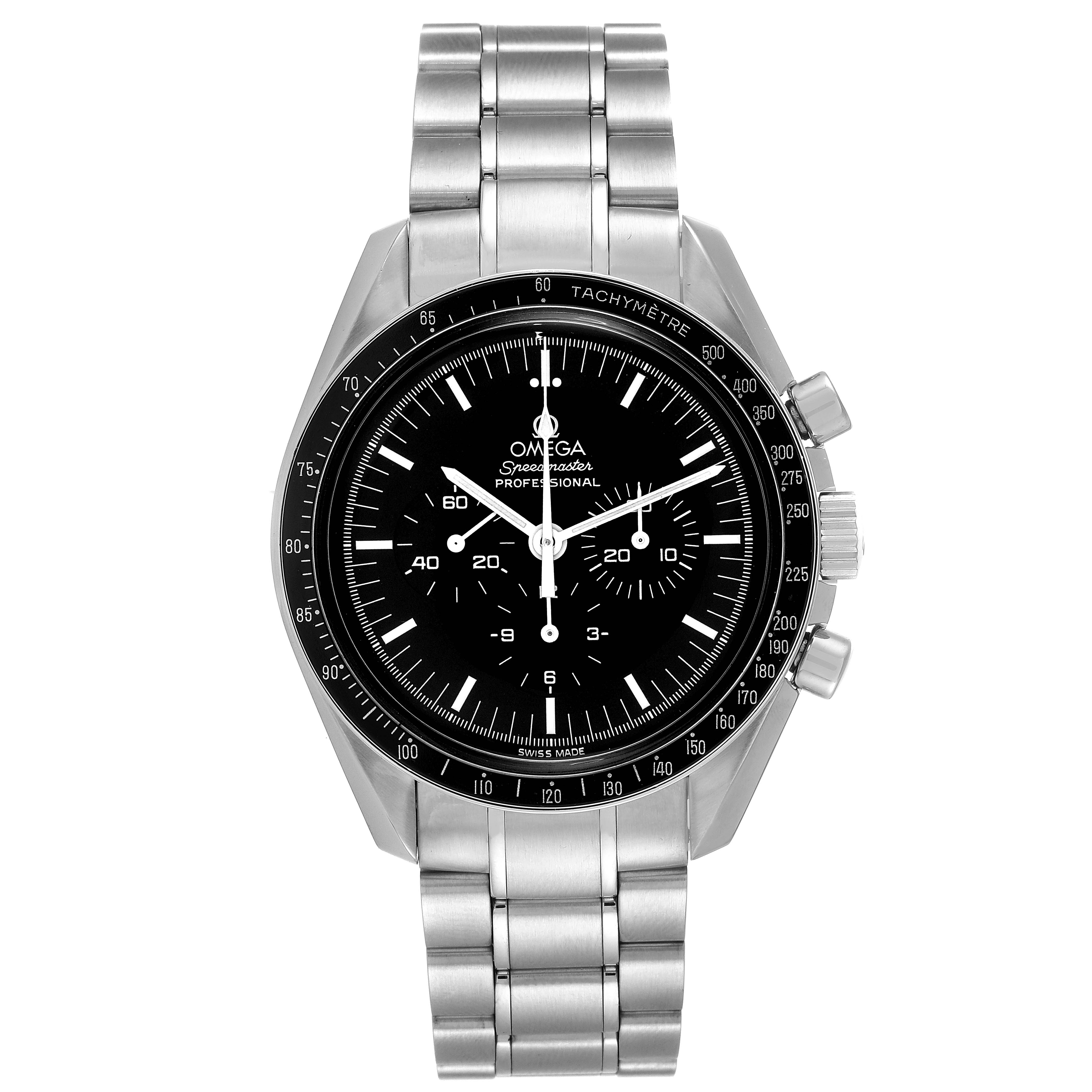 The image shows the Omega Speedmaster 3574.51.00 Men's Stainless Steel Black Dial 3574.51.00 Men's Stainless Steel Black Dial watch from a front angle, highlighting its face, bezel, and metal bracelet.