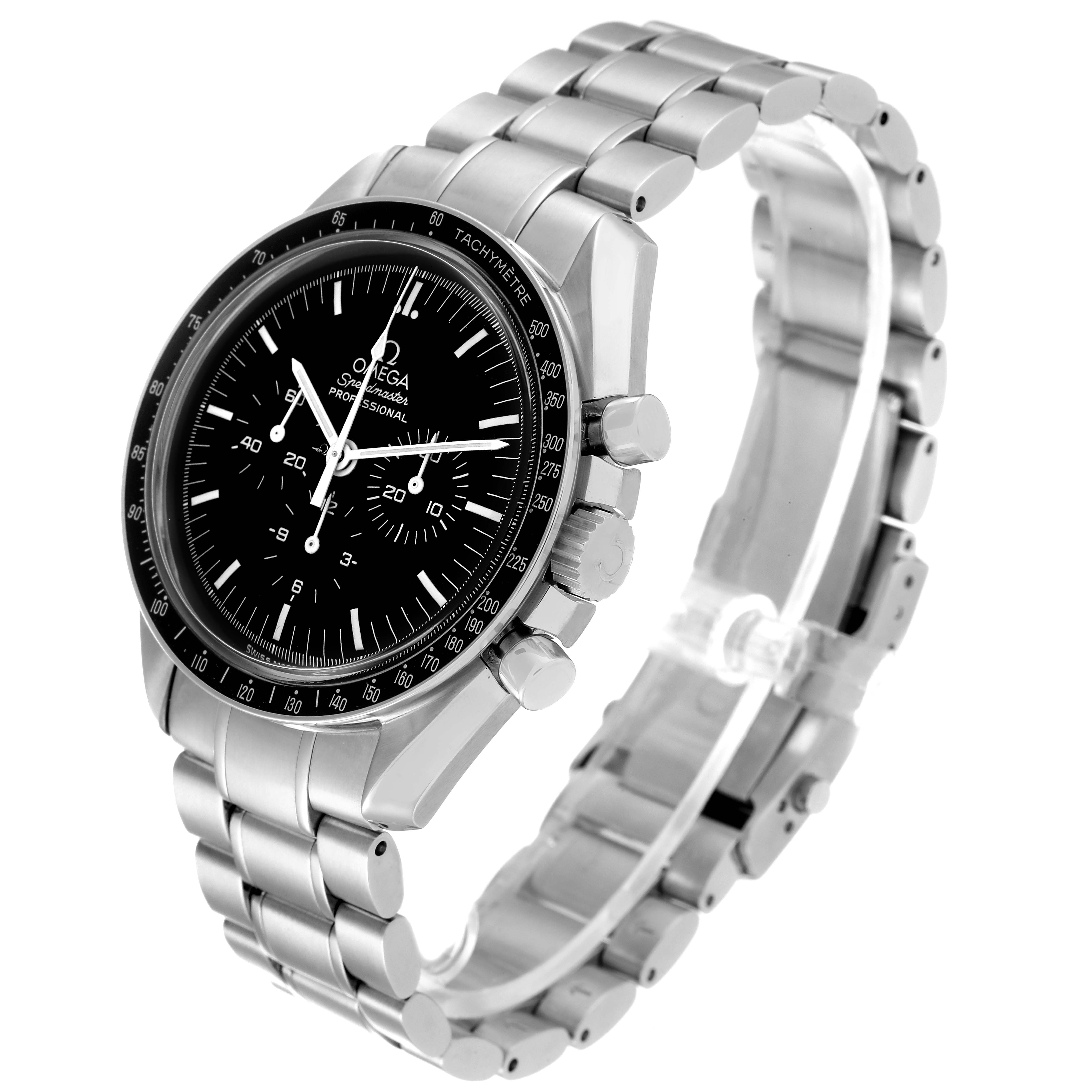 The image displays an Omega Speedmaster 3574.51.00 Men's Stainless Steel Black Dial 3574.51.00 Men's Stainless Steel Black Dial watch at a three-quarter angle, highlighting the face, bezel, crown, pushers, and stainless steel bracelet.