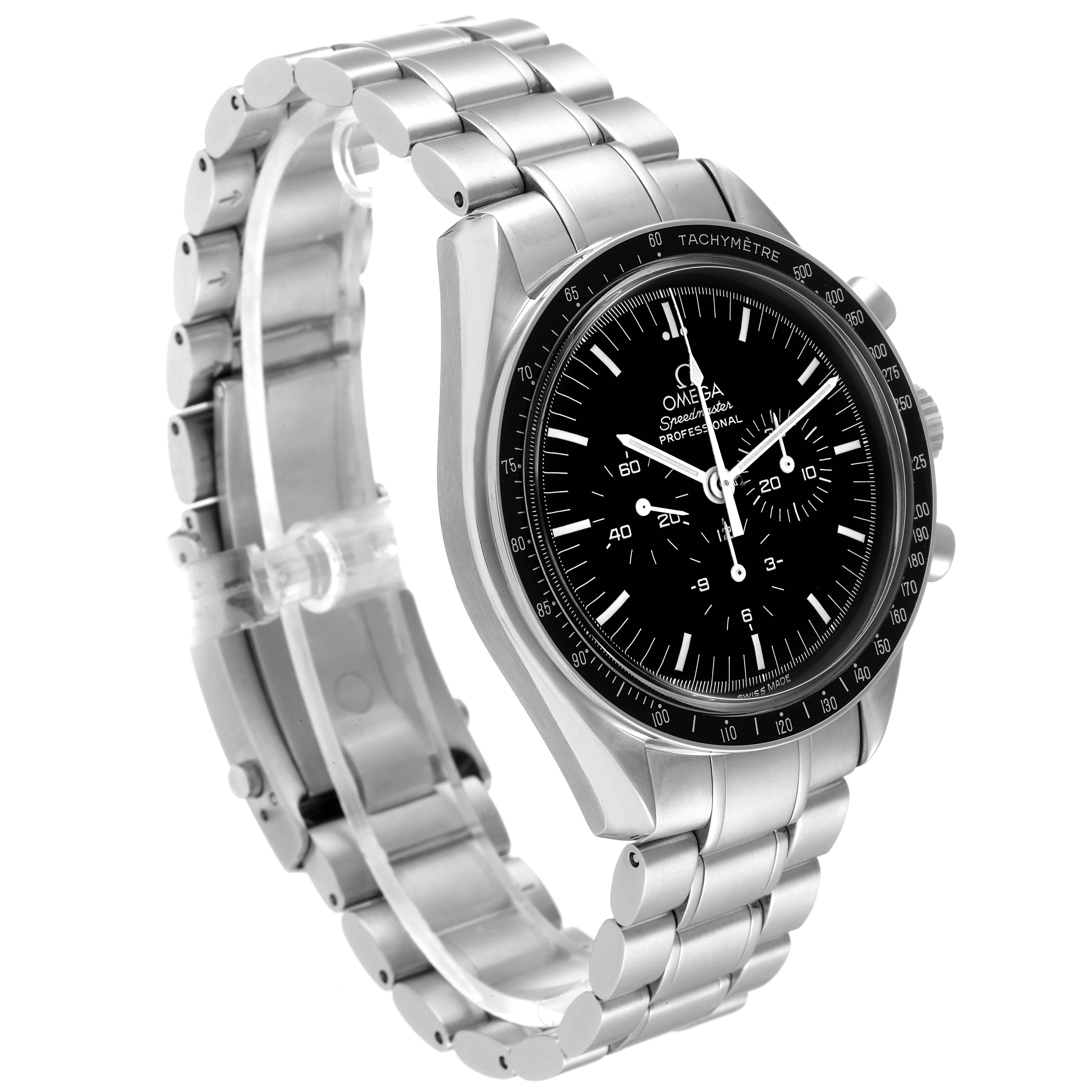 The Omega Speedmaster 3574.51.00 Men's Stainless Steel Black Dial 3574.51.00 Men's Stainless Steel Black Dial watch is shown at a slight angle, highlighting its stainless steel bracelet, tachymeter bezel, and black dial with subdials.