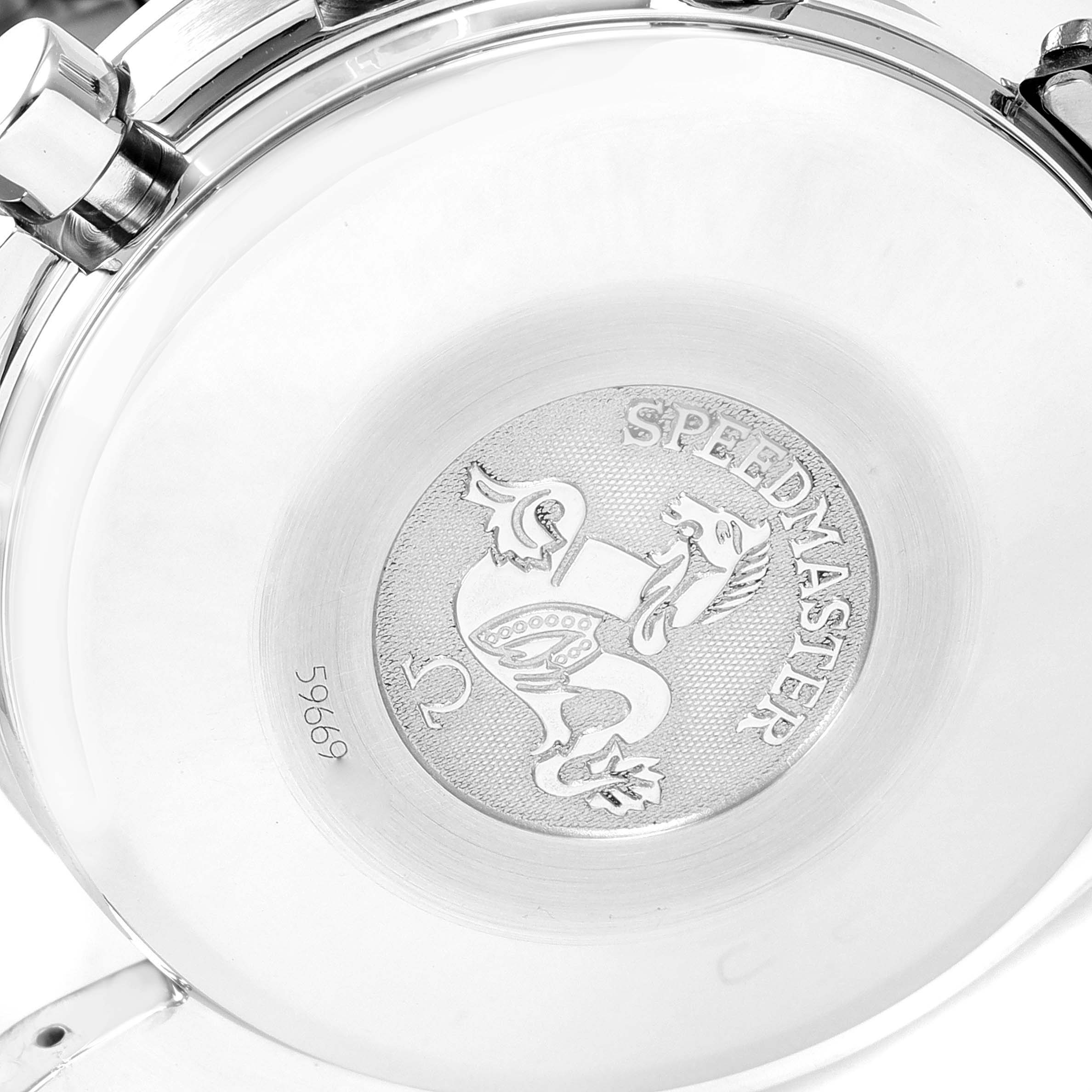 The image shows the case back of an Omega Speedmaster 3513.54.00 Men's Stainless Steel Black Dial 3513.54.00 Men's Stainless Steel Black Dial watch, featuring the Speedmaster logo and engraving.