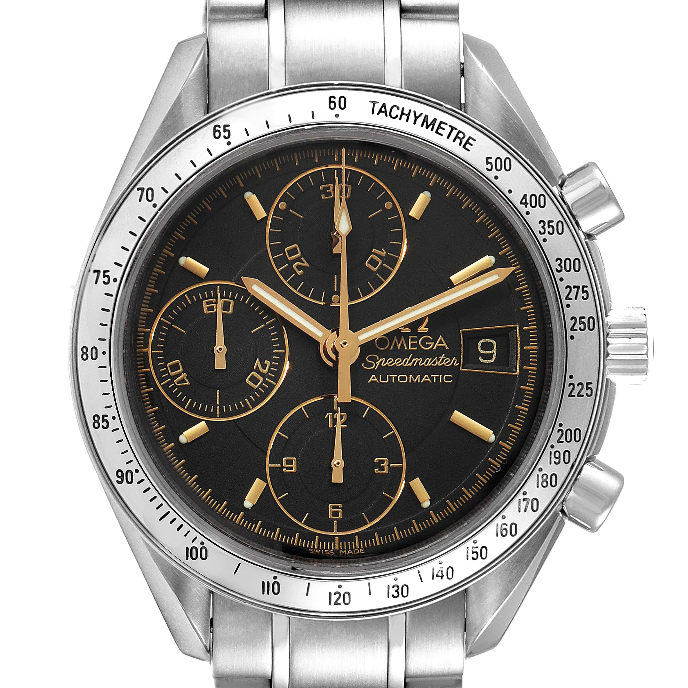 The image shows a front view of the Omega Speedmaster 3513.54.00 Men's Stainless Steel Black Dial 3513.54.00 Men's Stainless Steel Black Dial watch, displaying the dial, subdials, date window, bezel, and part of the bracelet.