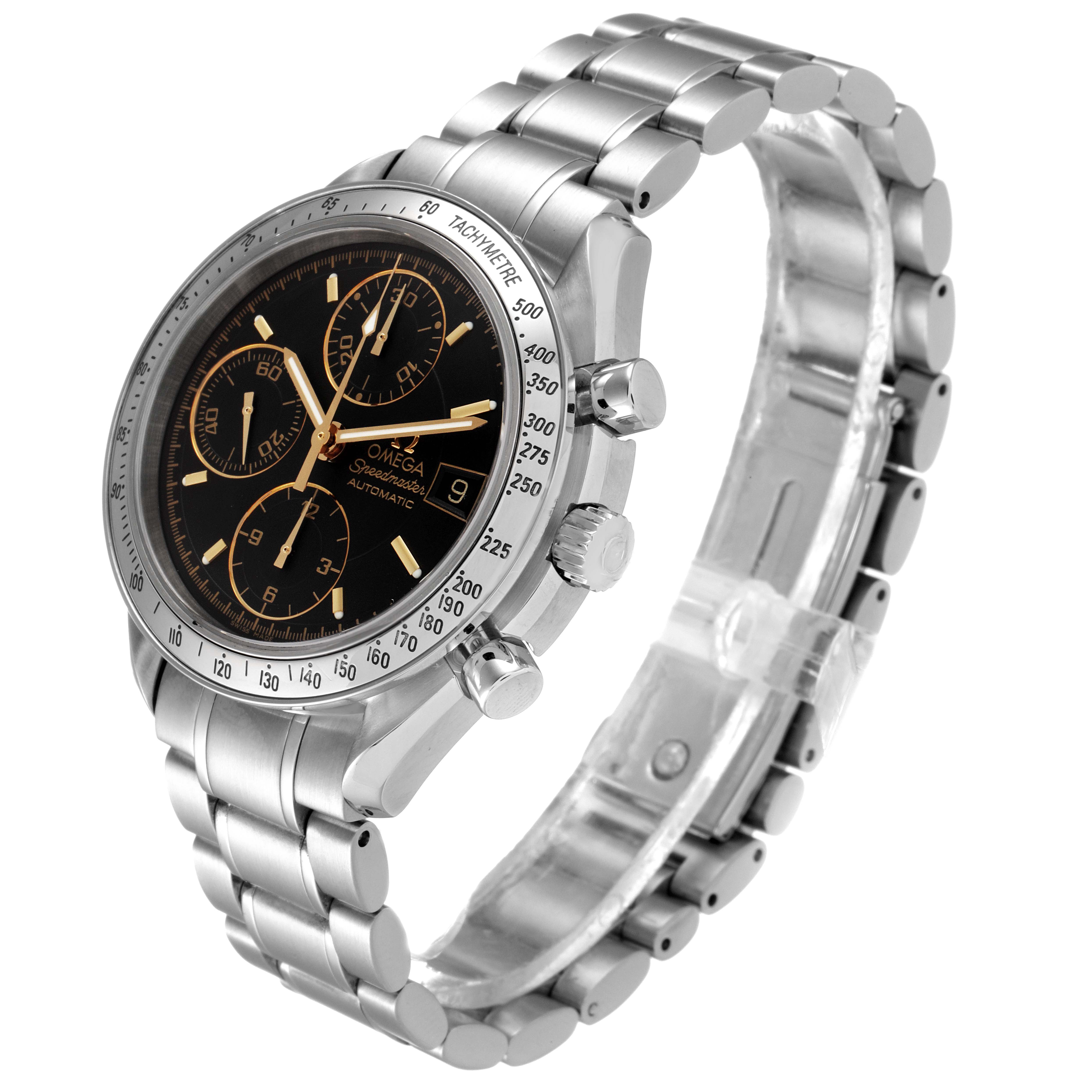 This image shows an angled view of the Omega Speedmaster 3513.54.00 Men's Stainless Steel Black Dial 3513.54.00 Men's Stainless Steel Black Dial watch, displaying its face, bezel, crown, pushers, and bracelet.