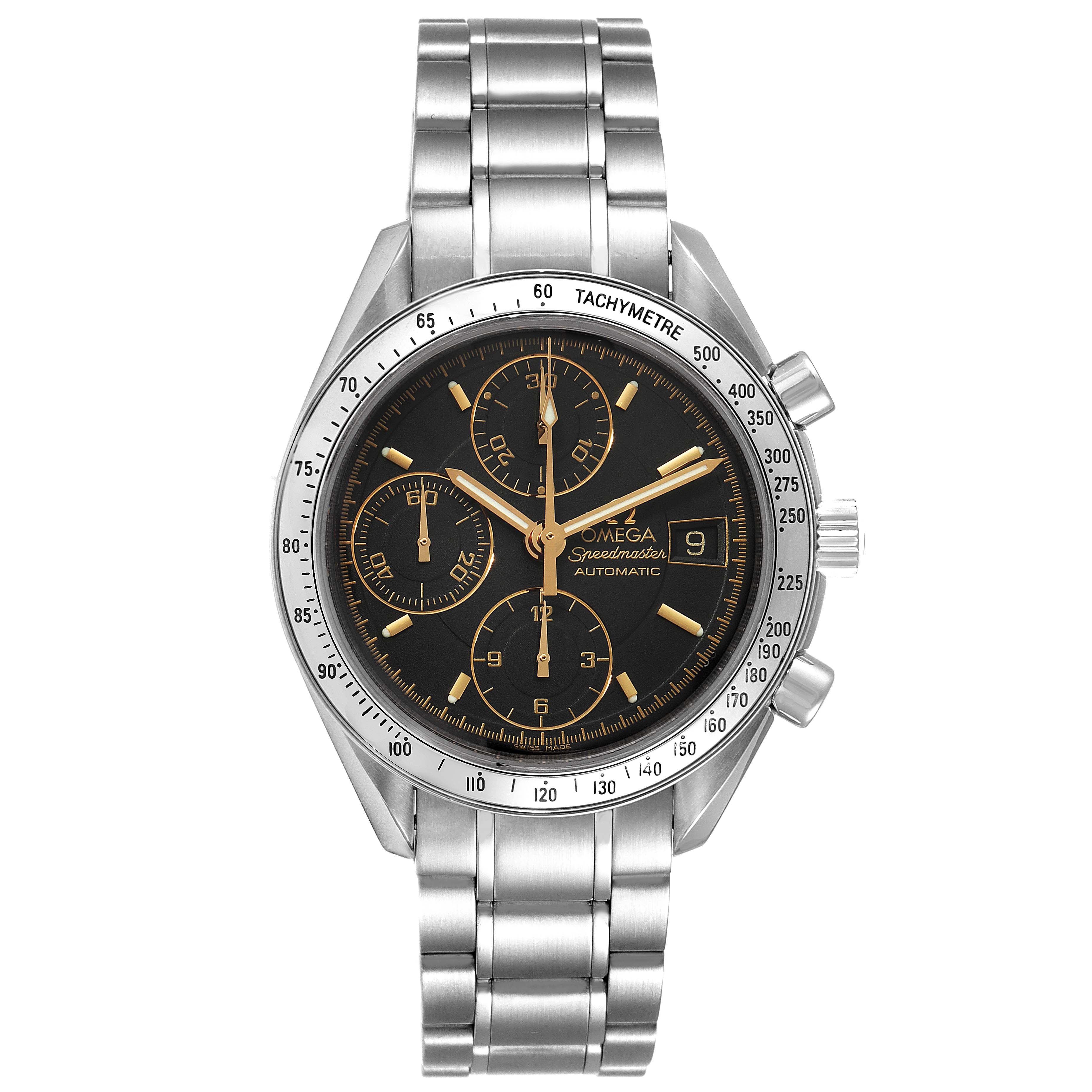 This image shows a frontal view of an Omega Speedmaster 3513.54.00 Men's Stainless Steel Black Dial 3513.54.00 Men's Stainless Steel Black Dial watch, displaying the face, dial, subdials, date, crown, and bracelet.