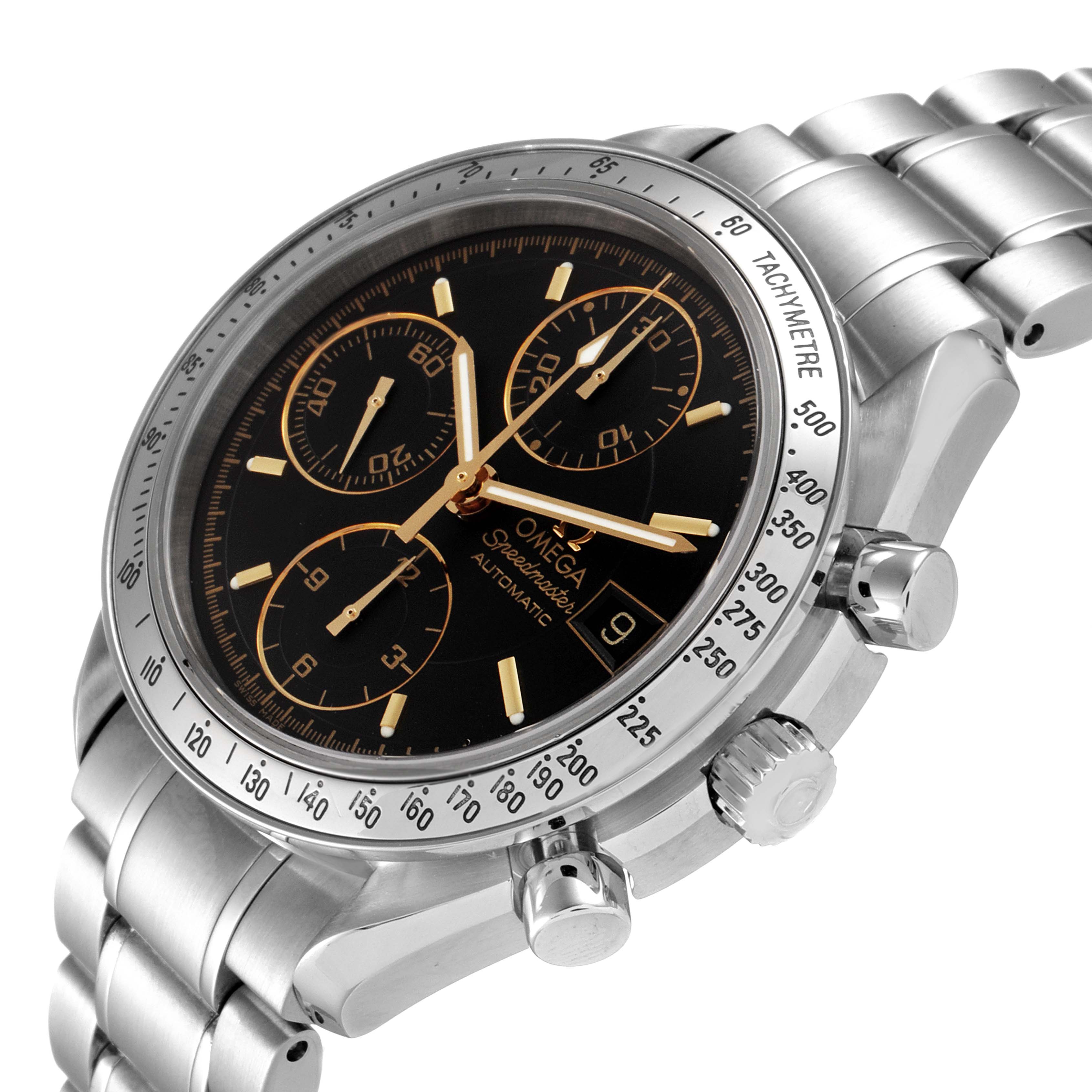 The Omega Speedmaster 3513.54.00 Men's Stainless Steel Black Dial 3513.54.00 Men's Stainless Steel Black Dial watch is shown at an angle, displaying its dial, chronographs, and stainless steel bracelet.