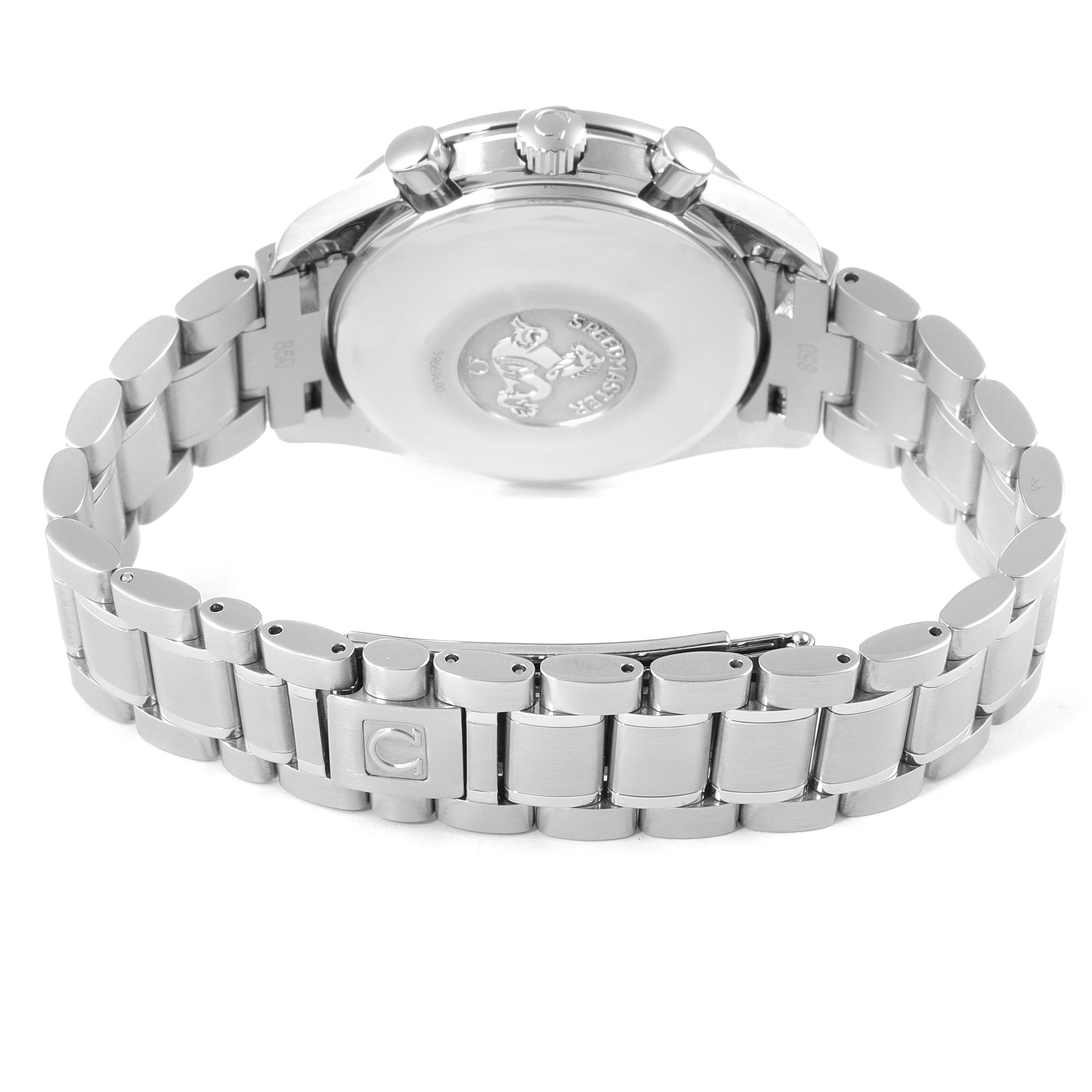 The image shows the back case and bracelet of an Omega Speedmaster 3513.54.00 Men's Stainless Steel Black Dial 3513.54.00 Men's Stainless Steel Black Dial watch from a rear angle.