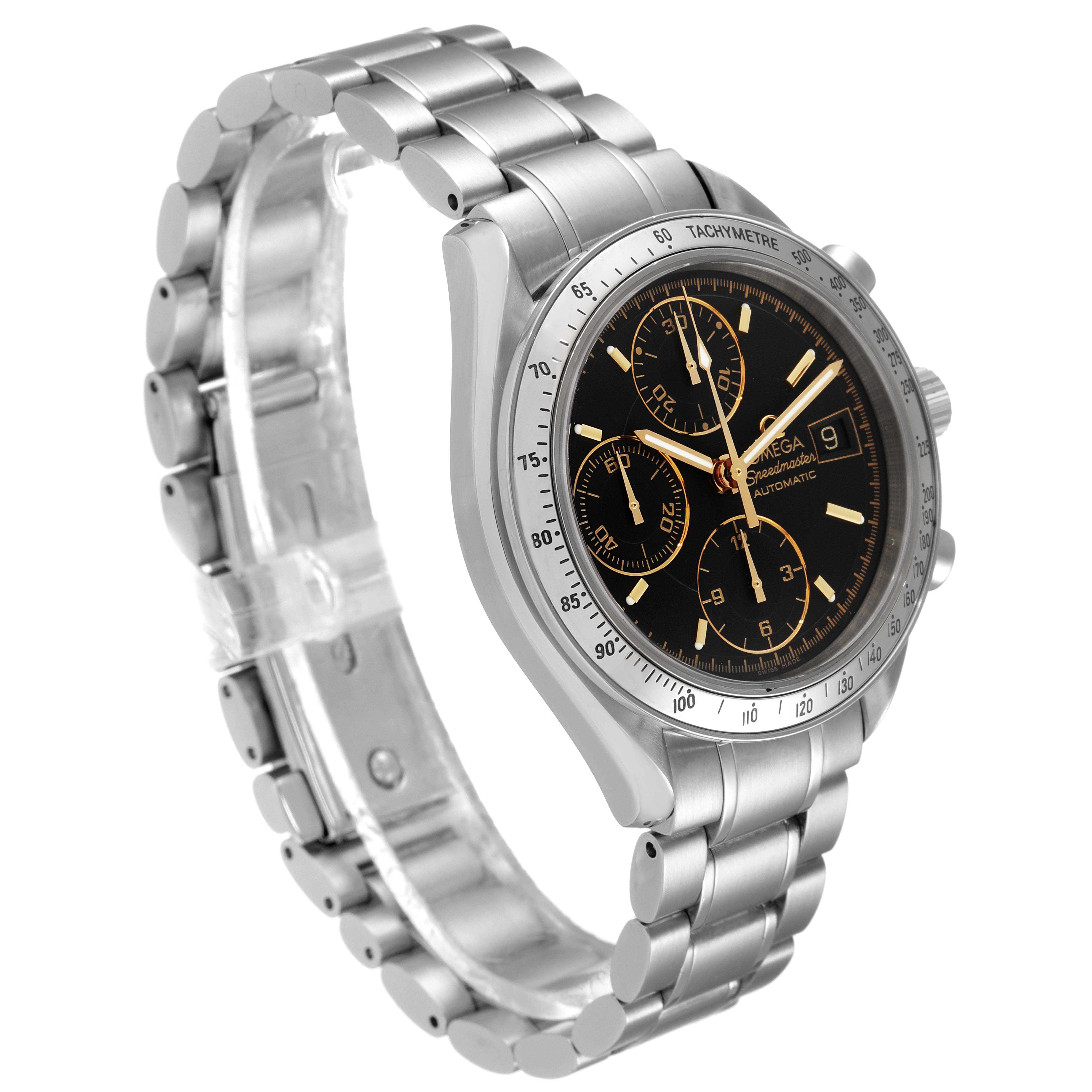 The Omega Speedmaster 3513.54.00 Men's Stainless Steel Black Dial 3513.54.00 Men's Stainless Steel Black Dial watch is shown at a three-quarter angle featuring its stainless steel bracelet and black chronograph face.