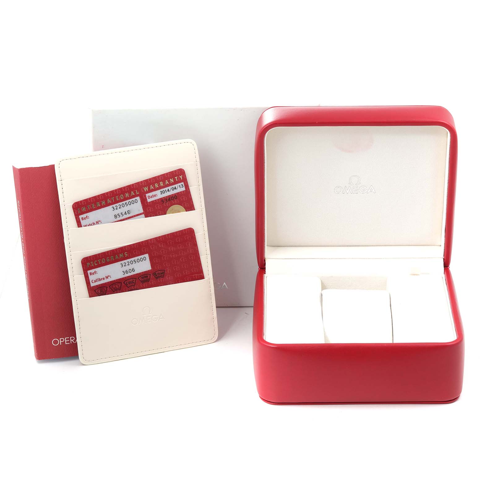 The image shows a red Omega Speedmaster 3220.50.00 Men's Stainless Steel Black Dial 3220.50.00 Men's Stainless Steel Black Dial watch box, warranty cards, and a white cardholder.