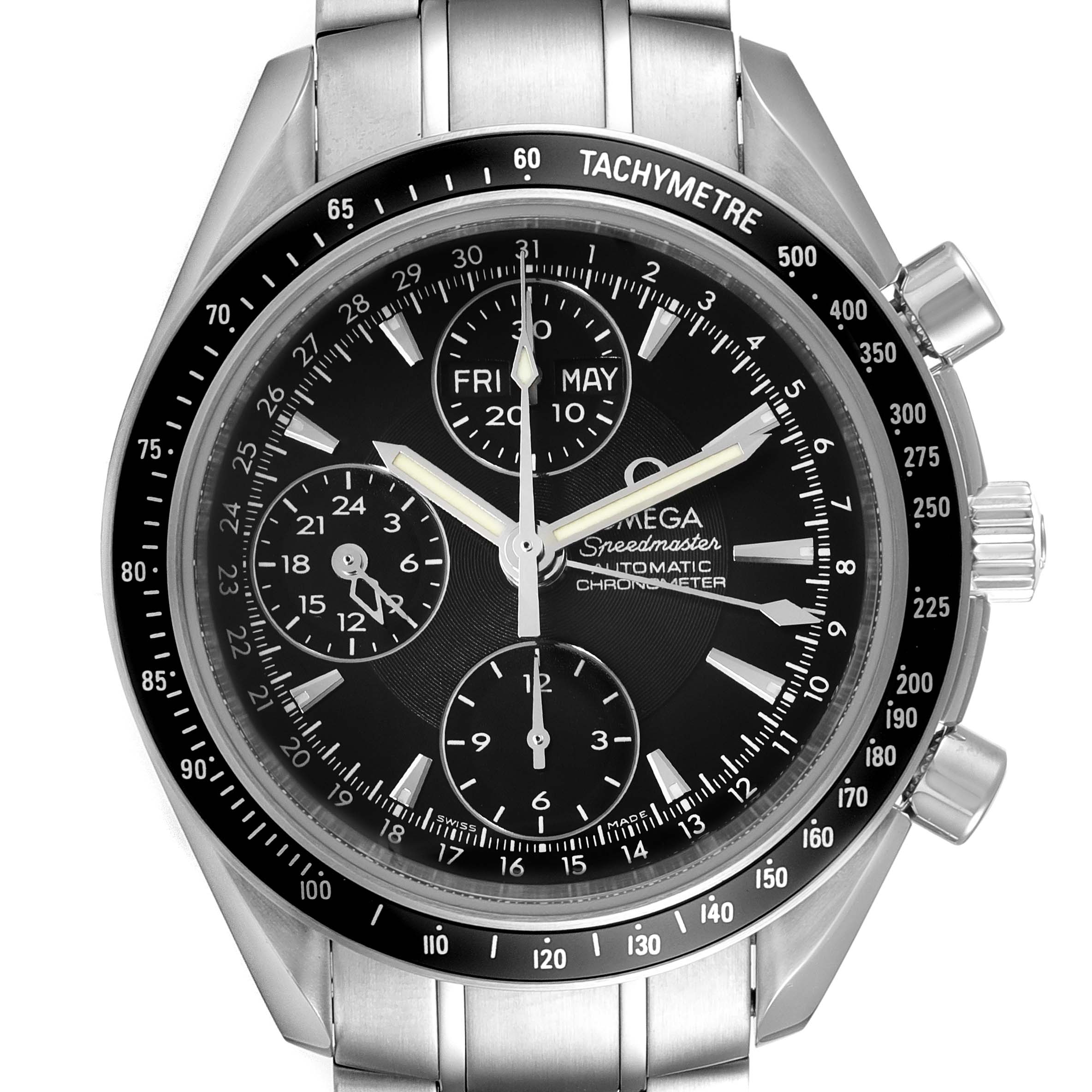The image shows the face of an Omega Speedmaster 3220.50.00 Men's Stainless Steel Black Dial 3220.50.00 Men's Stainless Steel Black Dial watch at a straight-on angle, highlighting its dial and tachymeter.