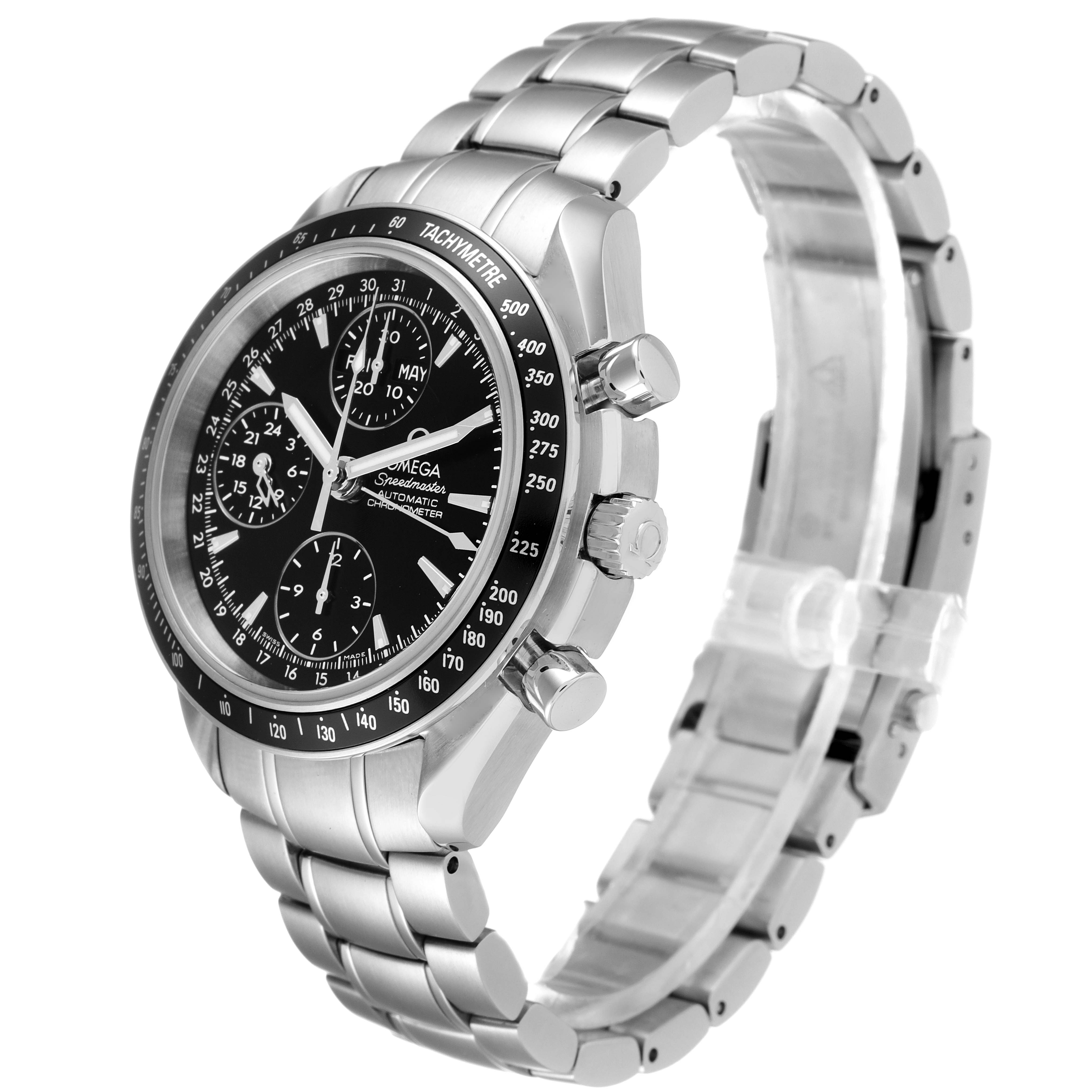 The Omega Speedmaster 3220.50.00 Men's Stainless Steel Black Dial 3220.50.00 Men's Stainless Steel Black Dial watch is shown from a three-quarter angle, displaying the face, bezel, side buttons, and bracelet.