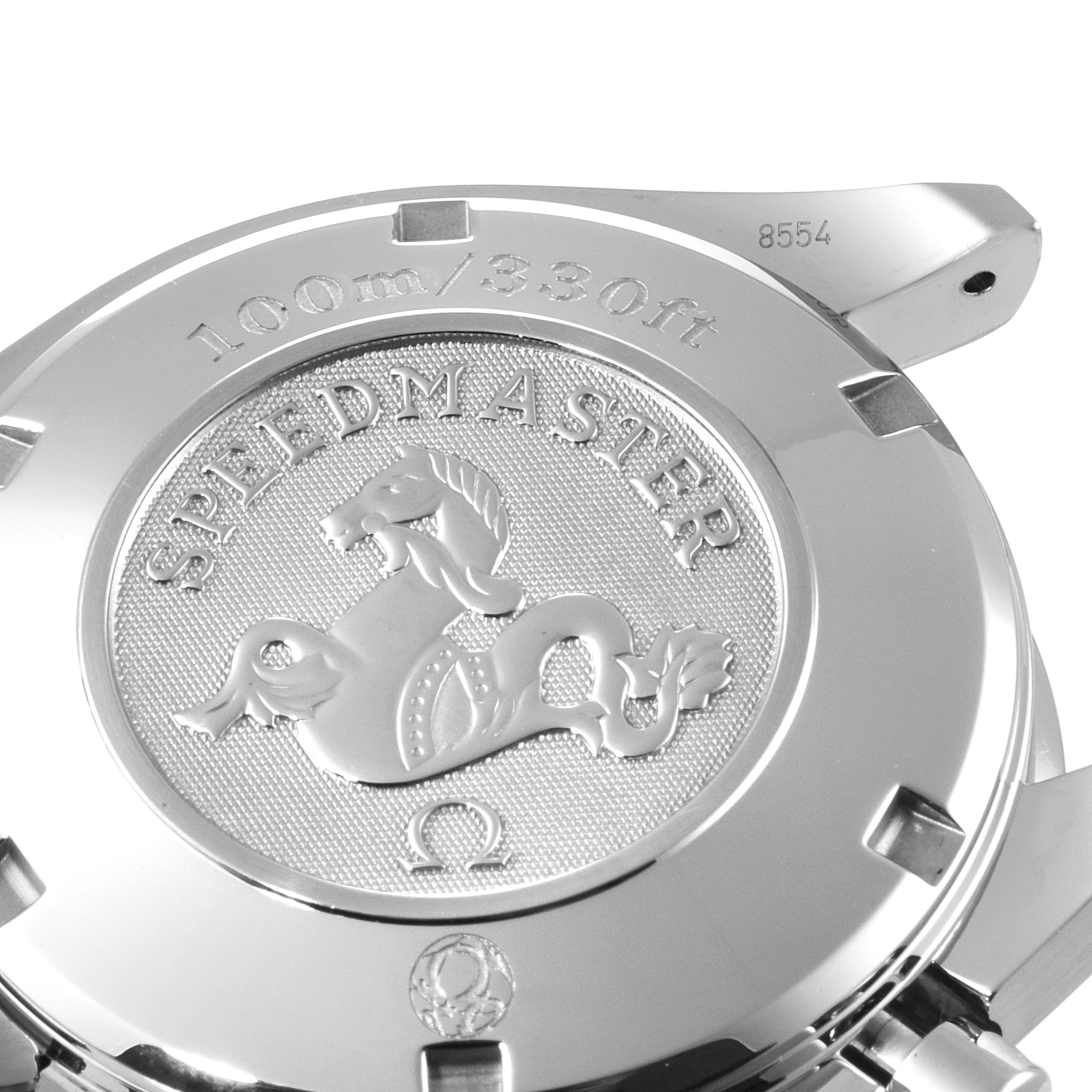 The image shows the back case of an Omega Speedmaster 3220.50.00 Men's Stainless Steel Black Dial 3220.50.00 Men's Stainless Steel Black Dial watch, highlighting the engraved logo, "Speedmaster" text, and water resistance rating.