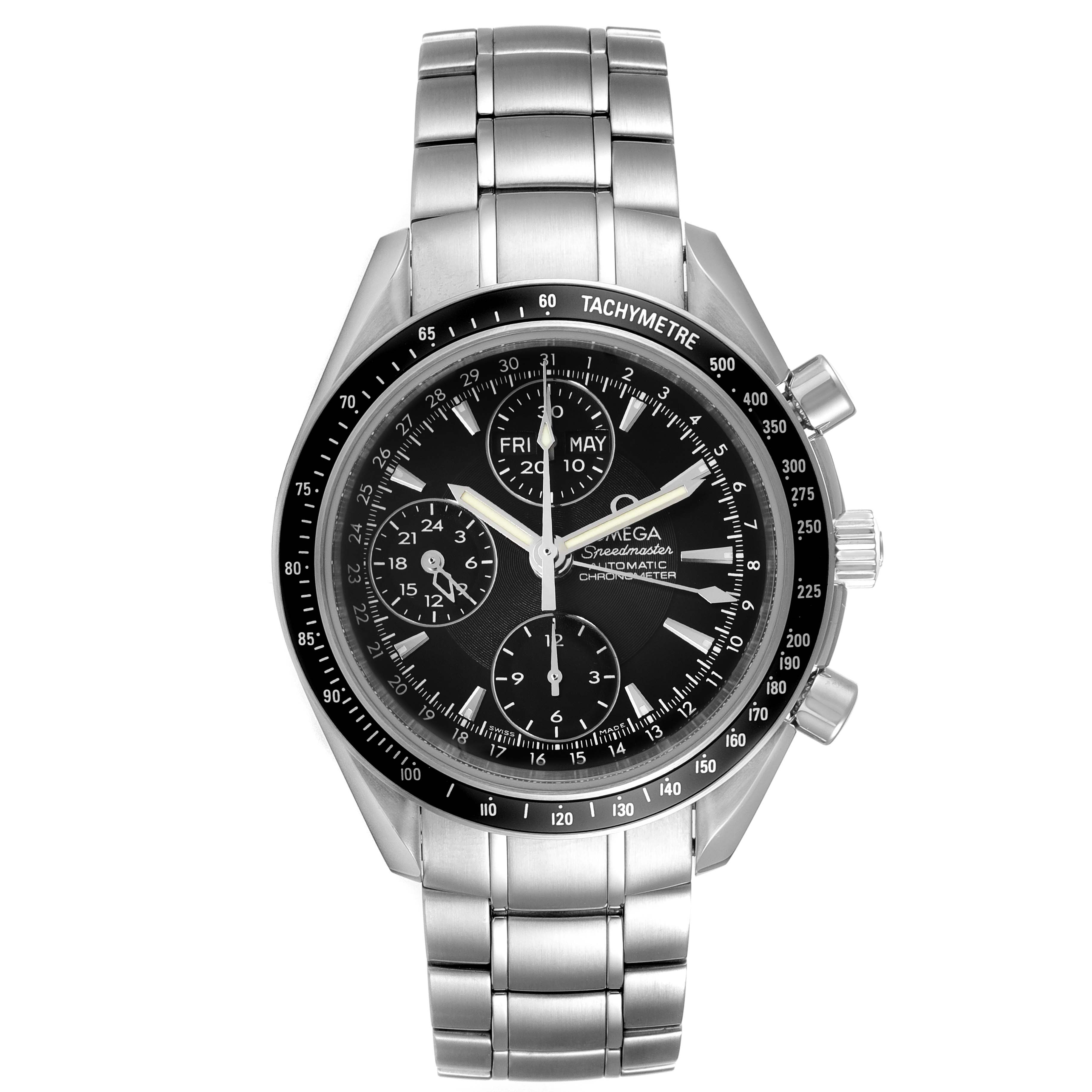 The image shows a front view of an Omega Speedmaster 3220.50.00 Men's Stainless Steel Black Dial 3220.50.00 Men's Stainless Steel Black Dial watch, highlighting the dial, tachymeter, and stainless steel bracelet.