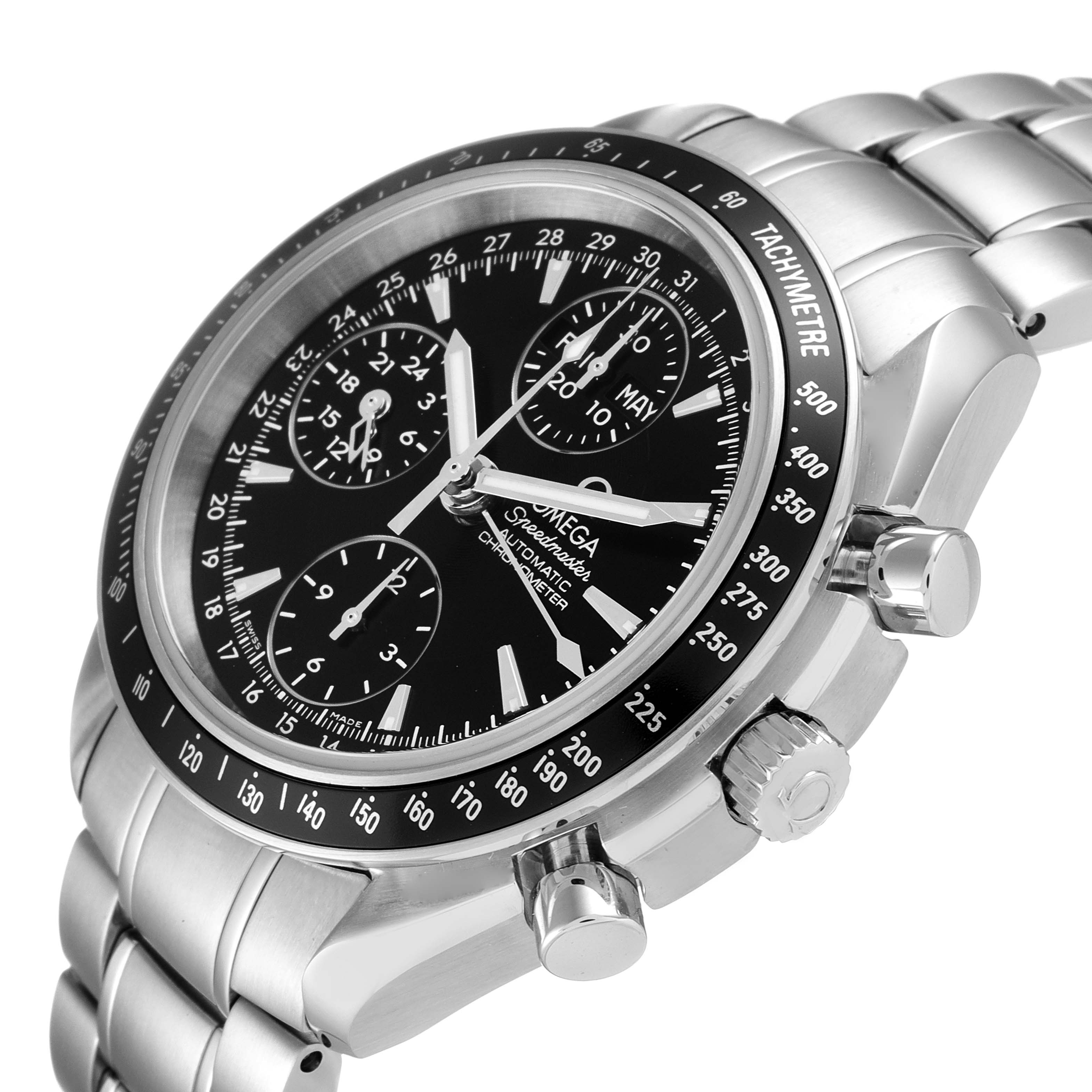 The Omega Speedmaster 3220.50.00 Men's Stainless Steel Black Dial 3220.50.00 Men's Stainless Steel Black Dial watch is shown at an angle, displaying its face, chronographs, stainless steel bracelet, and crown.