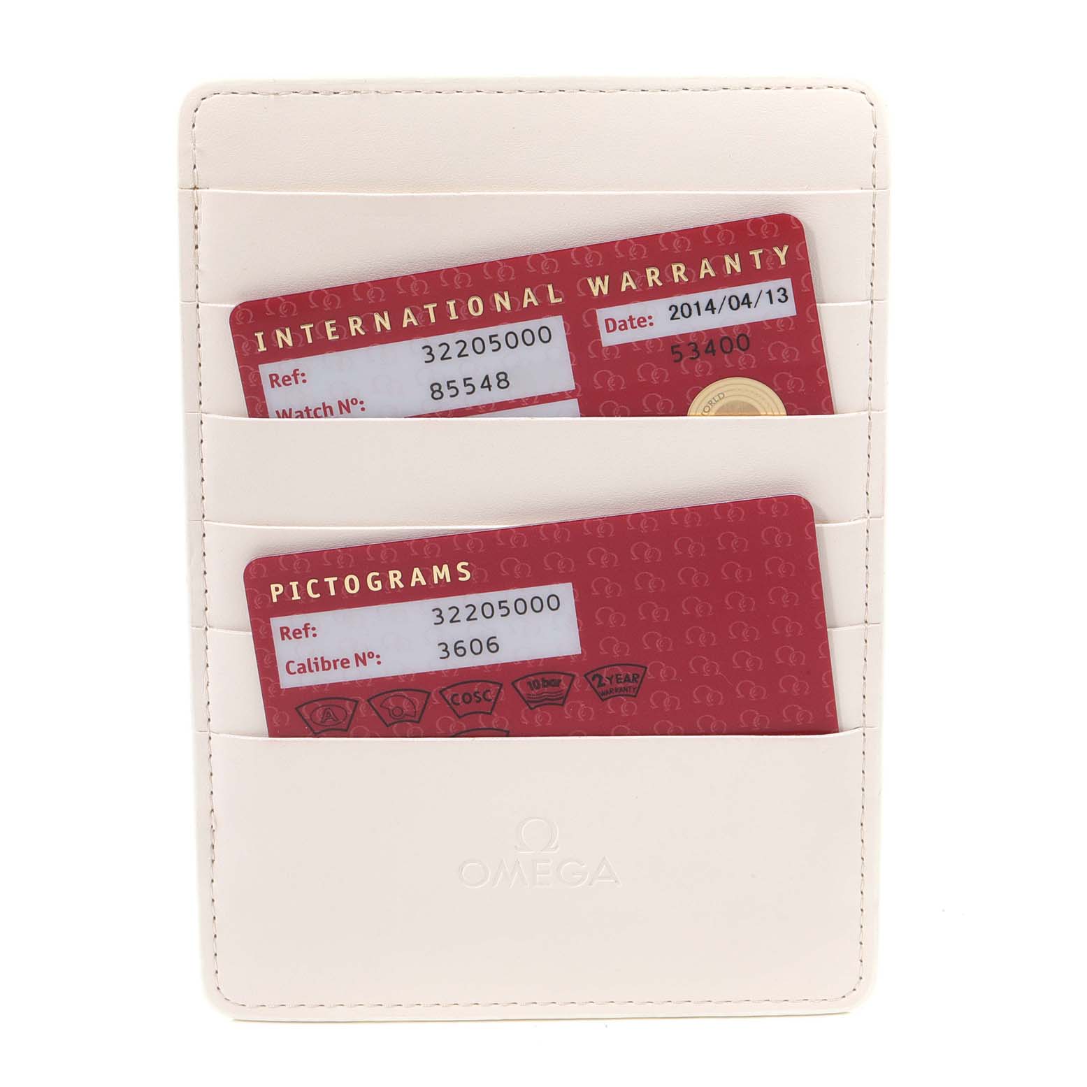 This image shows the warranty cards and cardholder for an Omega Speedmaster 3220.50.00 Men's Stainless Steel Black Dial 3220.50.00 Men's Stainless Steel Black Dial watch.