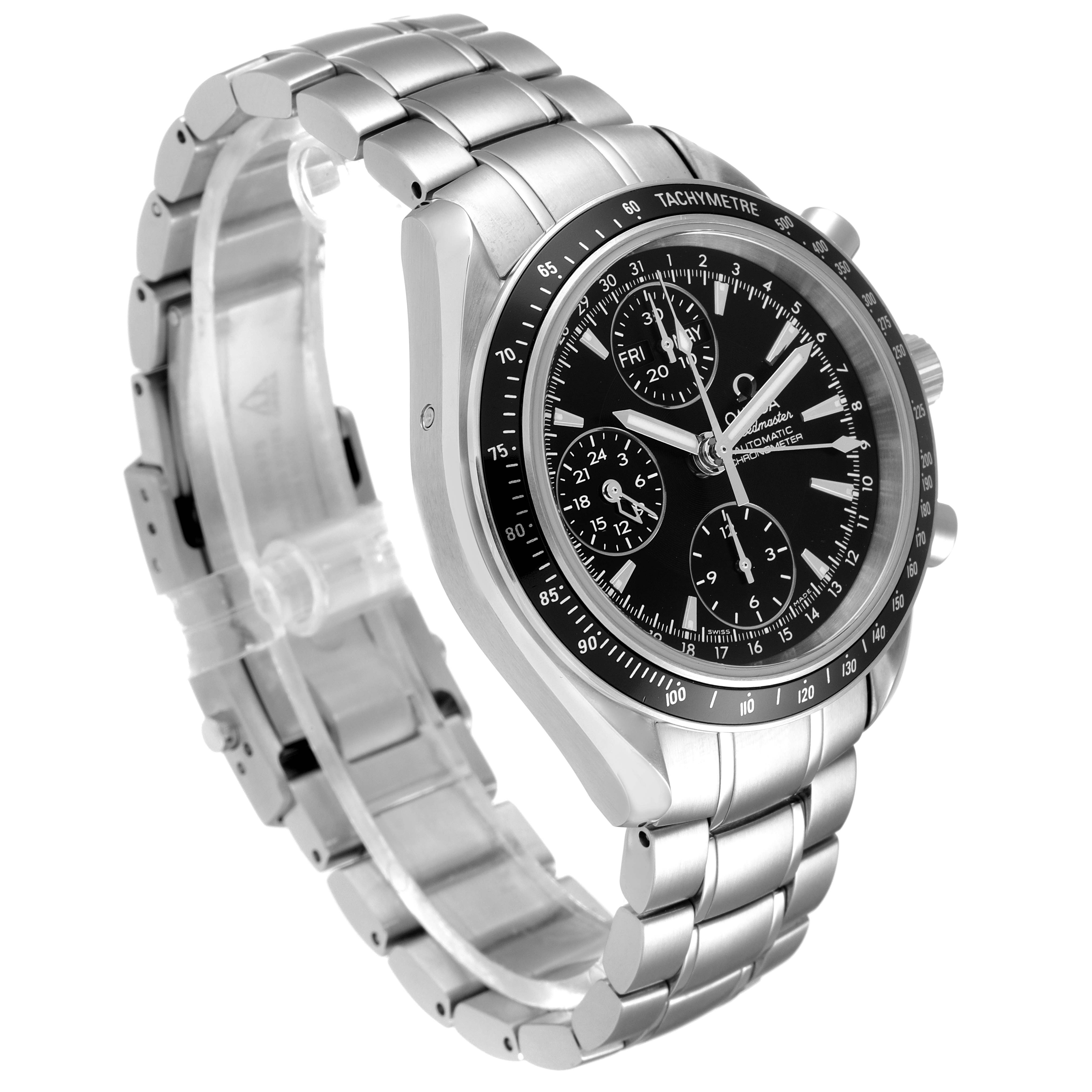 This image shows an Omega Speedmaster 3220.50.00 Men's Stainless Steel Black Dial 3220.50.00 Men's Stainless Steel Black Dial watch at an angled view, displaying the watch face, bezel, crown, chronograph buttons, and stainless steel bracelet.