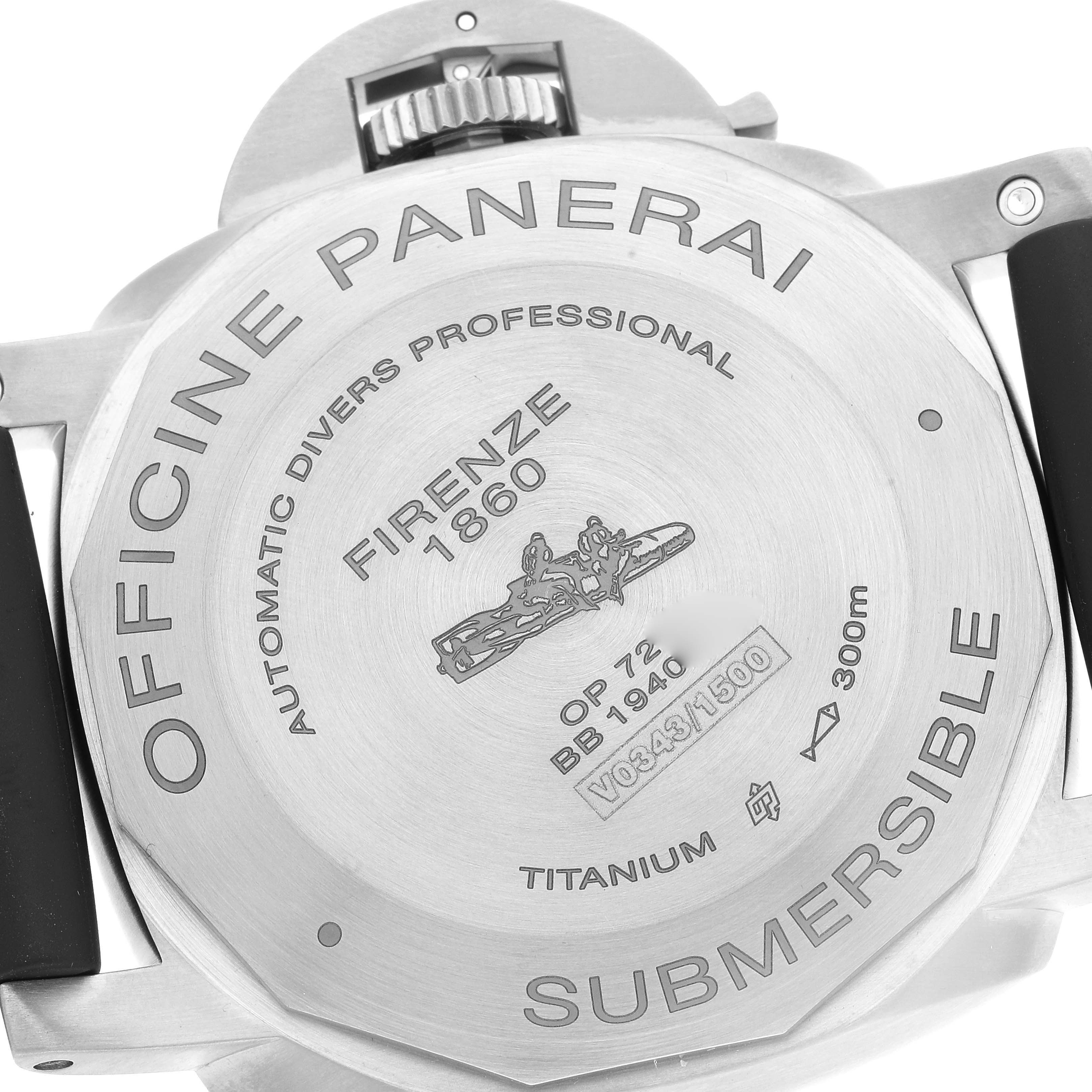 The image shows the case back of a Panerai Submersible PAM01305 Men's Titanium Black Dial PAM01305 Men's Titanium Black Dial watch, highlighting engravings and the crown guard from a rear angle.