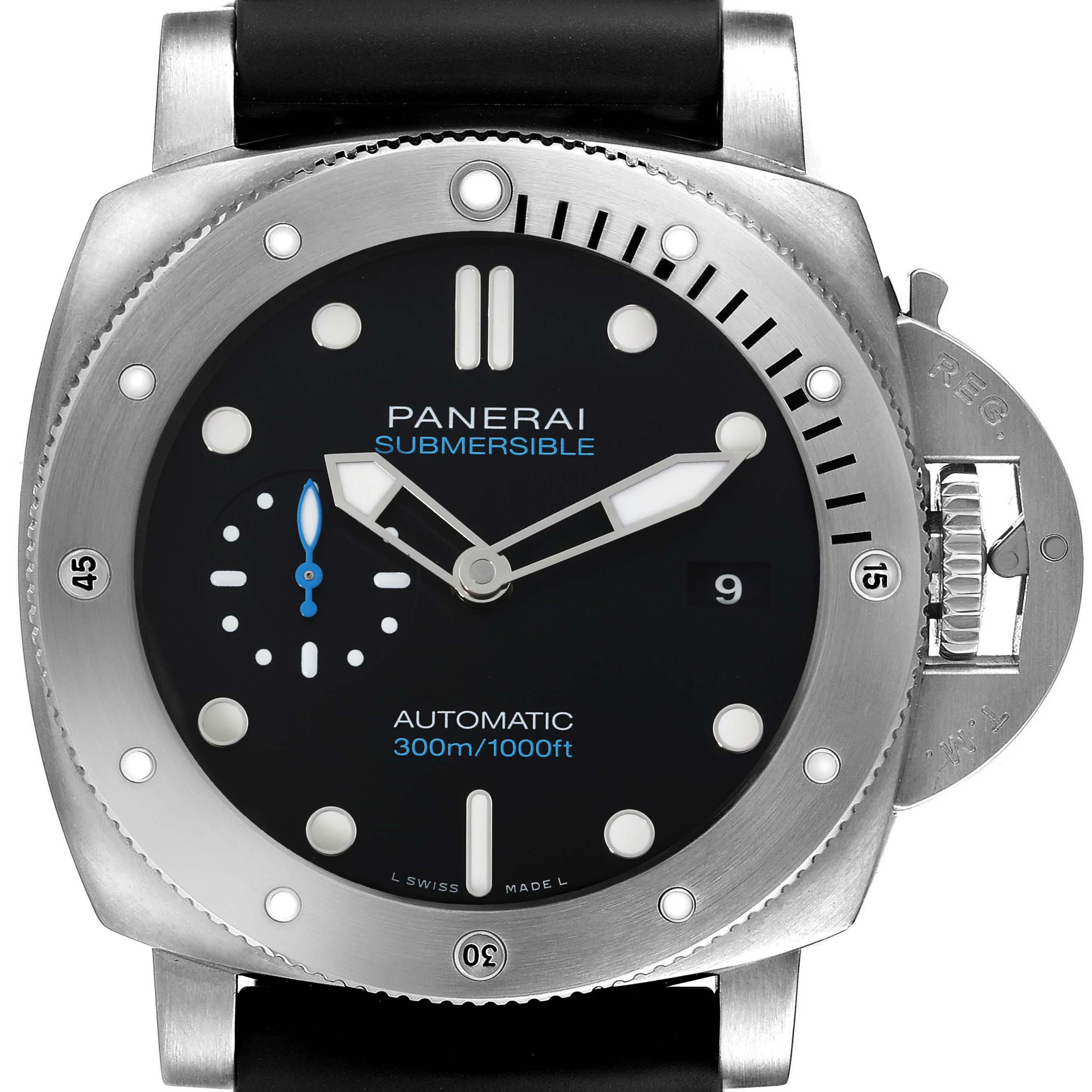 This image shows a frontal view of the Panerai Submersible PAM01305 Men's Titanium Black Dial PAM01305 Men's Titanium Black Dial watch, highlighting the dial, bezel, and crown protector.
