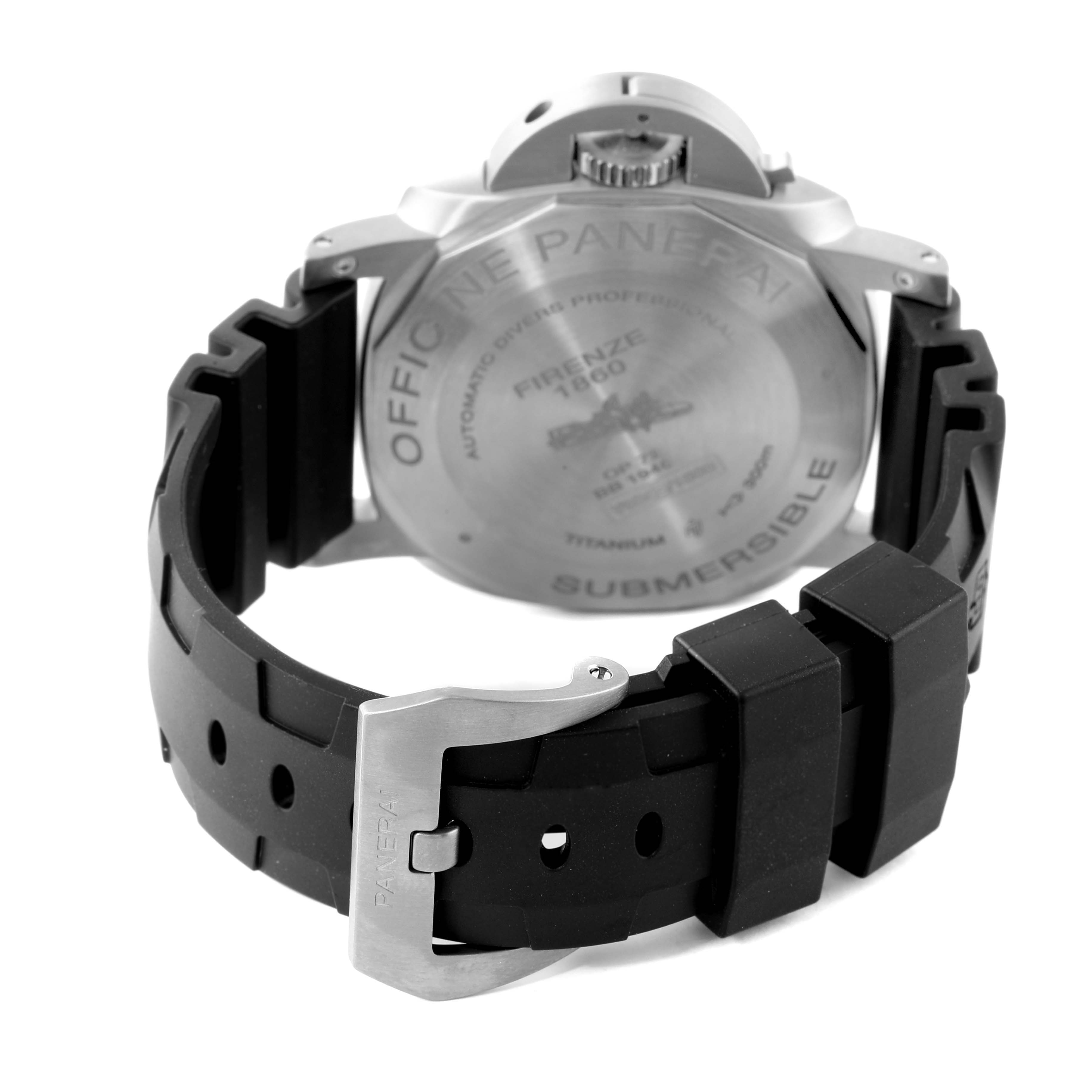 The image shows the back of the Panerai Submersible PAM01305 Men's Titanium Black Dial PAM01305 Men's Titanium Black Dial watch, highlighting the case back and the rubber strap with a buckle.