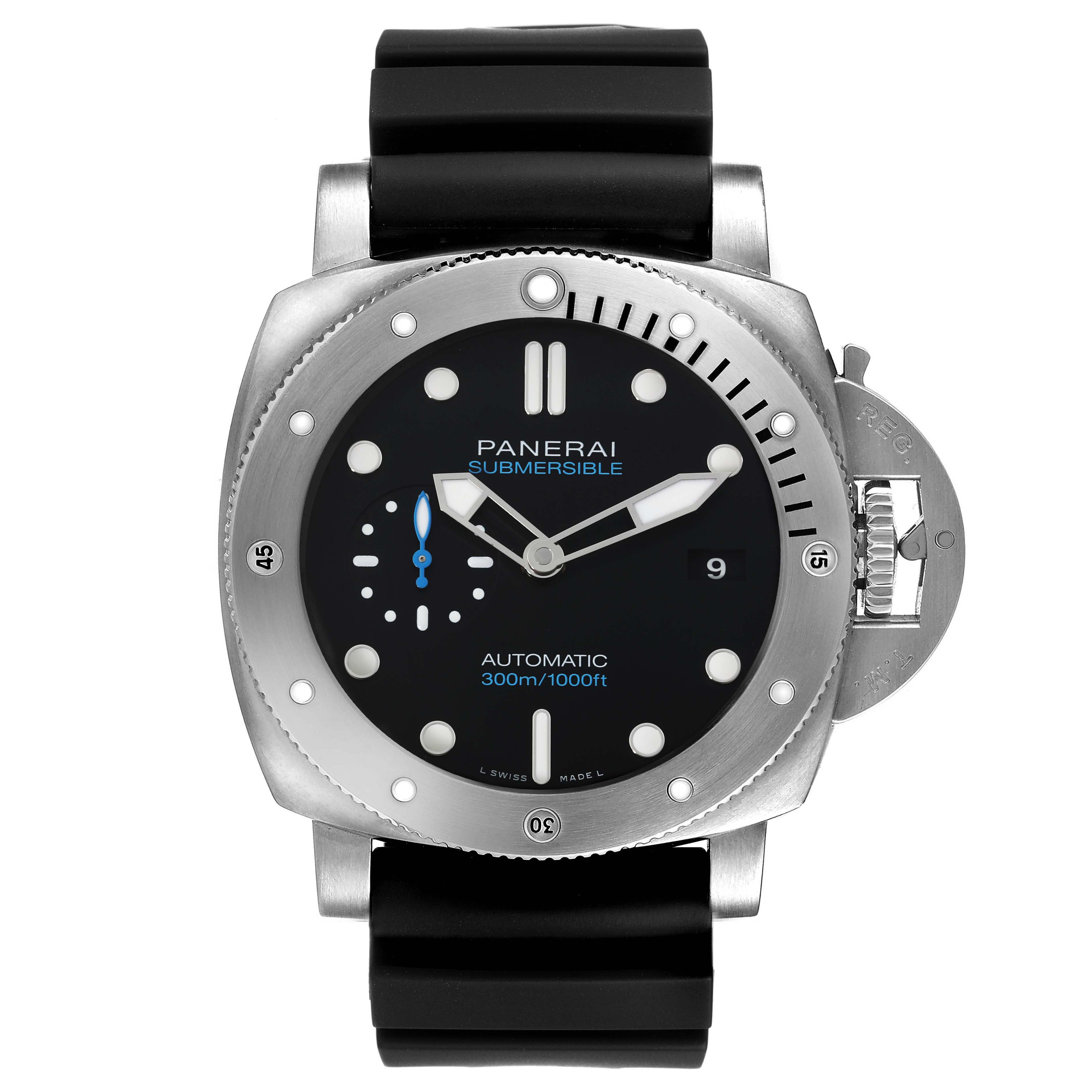 The Panerai Submersible PAM01305 Men's Titanium Black Dial PAM01305 Men's Titanium Black Dial watch is shown from a top-down angle, displaying the dial, bezel, case, and rubber strap.