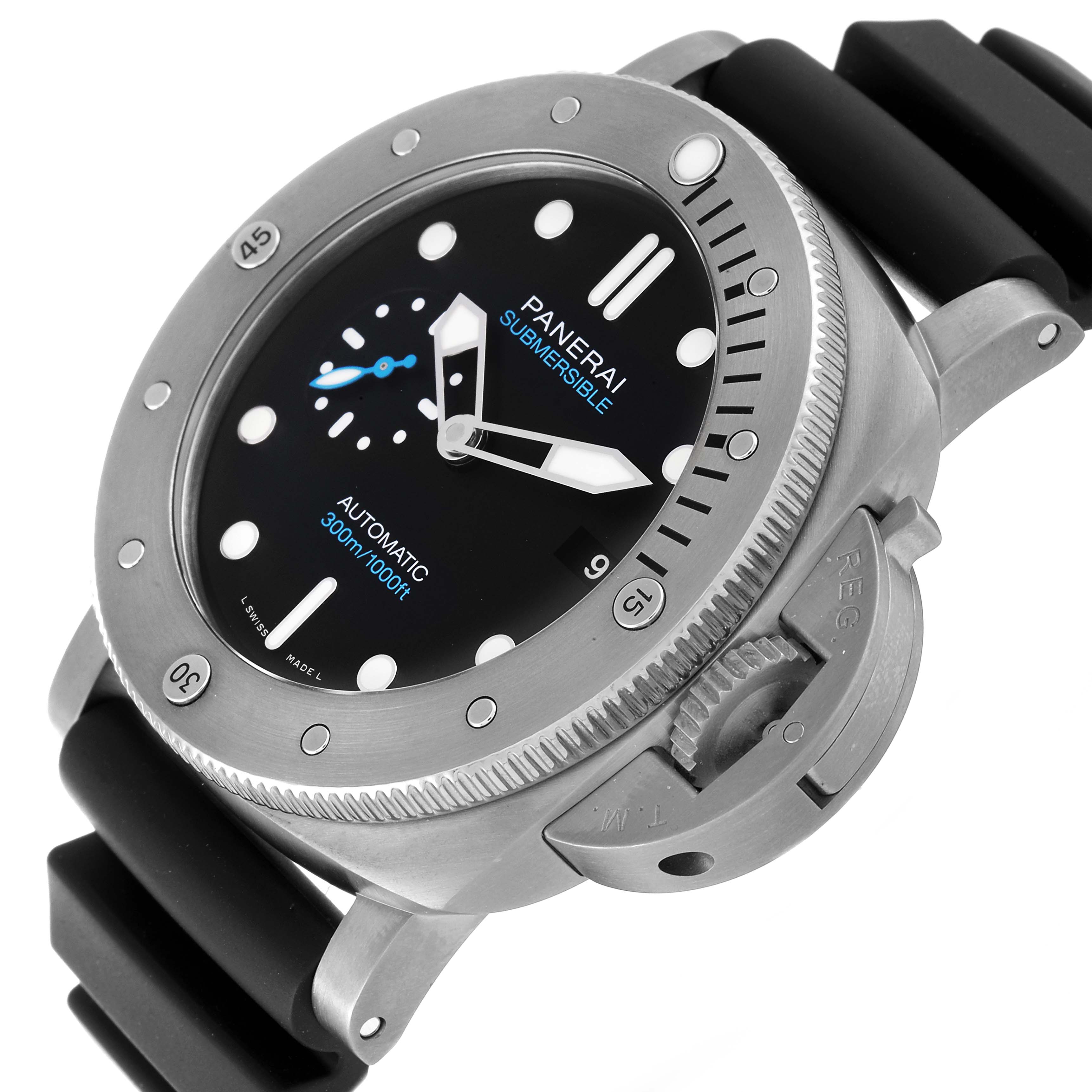 This image shows a Panerai Submersible PAM01305 Men's Titanium Black Dial PAM01305 Men's Titanium Black Dial watch at an angled view, displaying the face, bezel, and part of the strap.