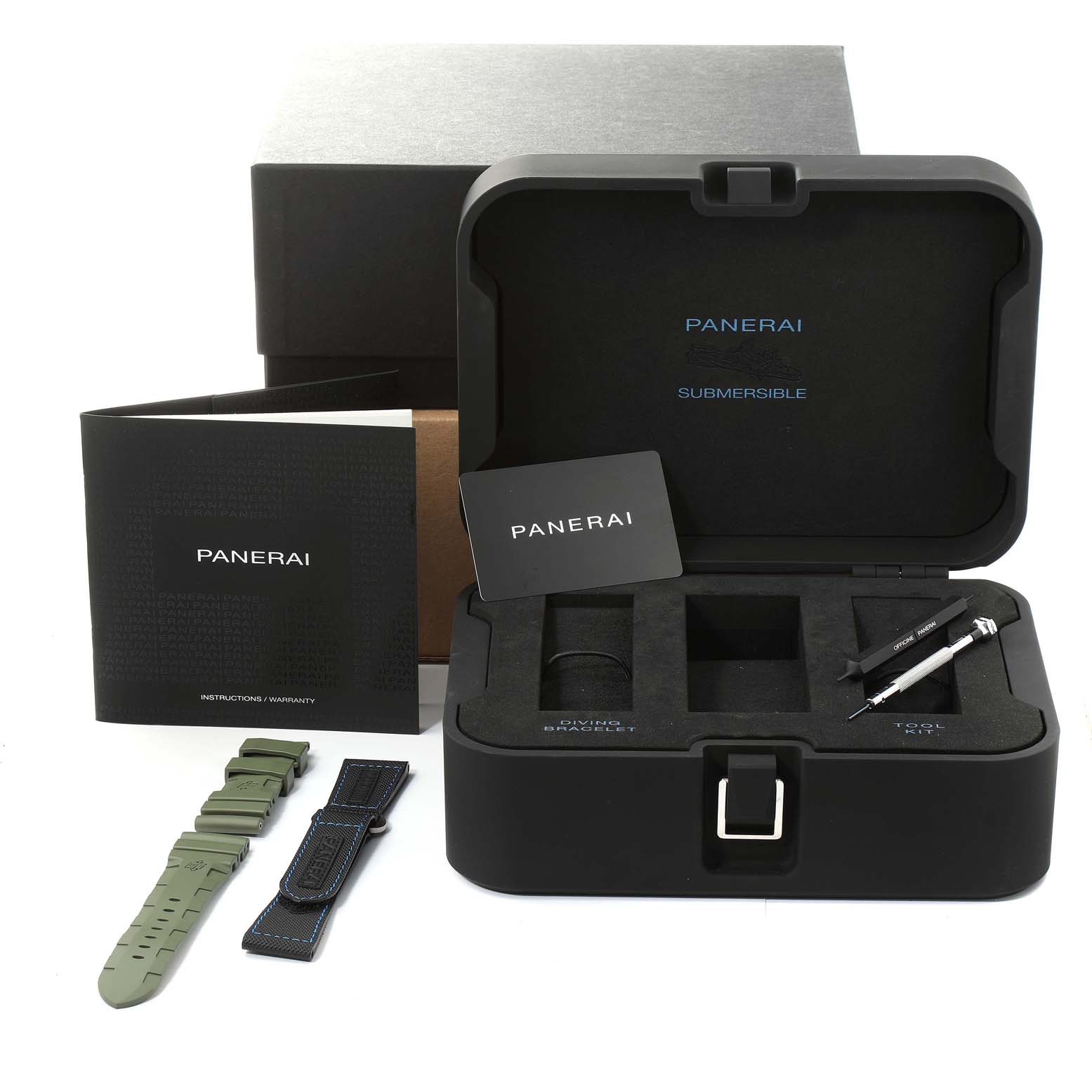 This image shows the Panerai Submersible PAM01305 Men's Titanium Black Dial PAM01305 Men's Titanium Black Dial watch accessories including the box, manual, warranty, extra strap, and tools.