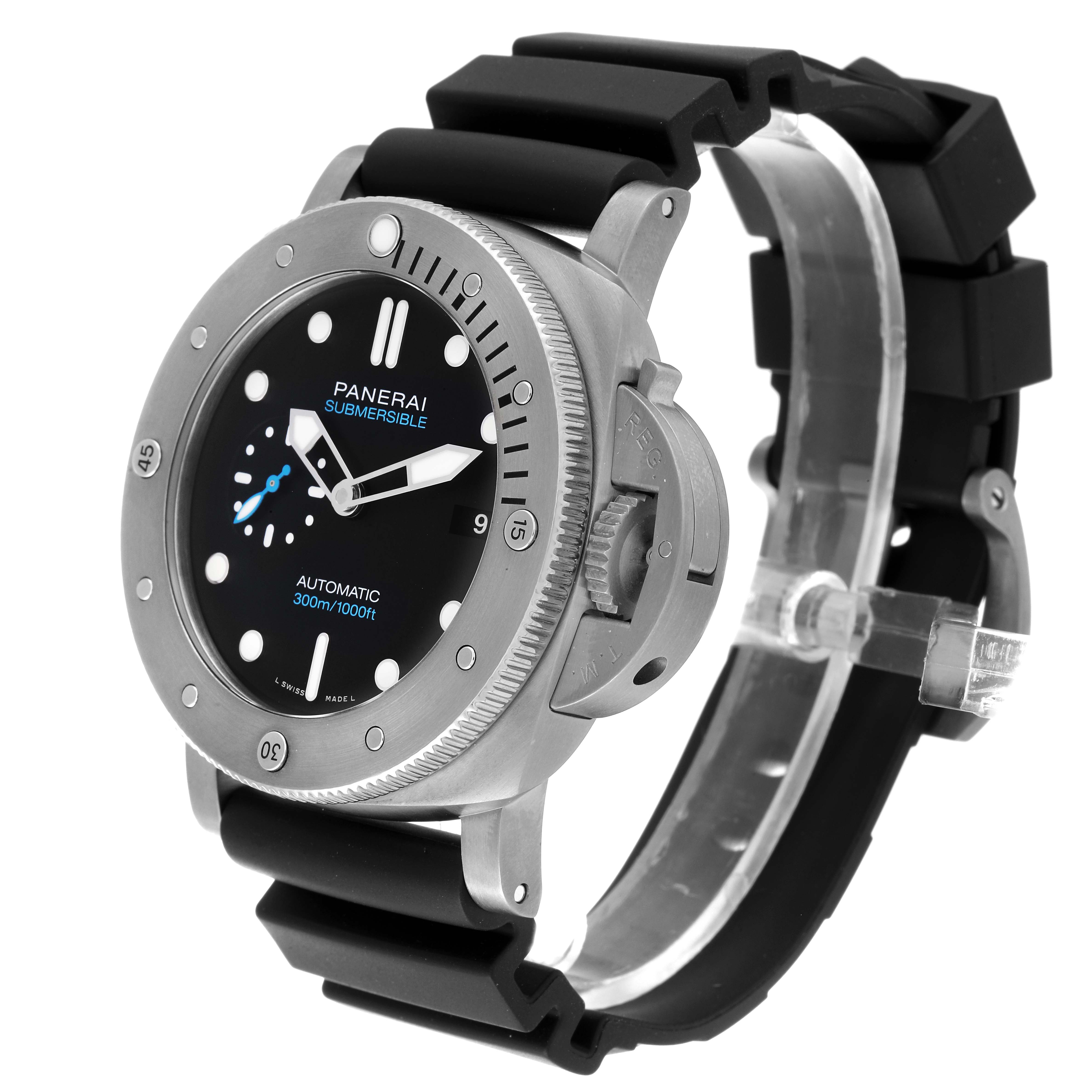 The Panerai Submersible PAM01305 Men's Titanium Black Dial PAM01305 Men's Titanium Black Dial watch is shown at an angle highlighting the dial, bezel, and part of the strap.