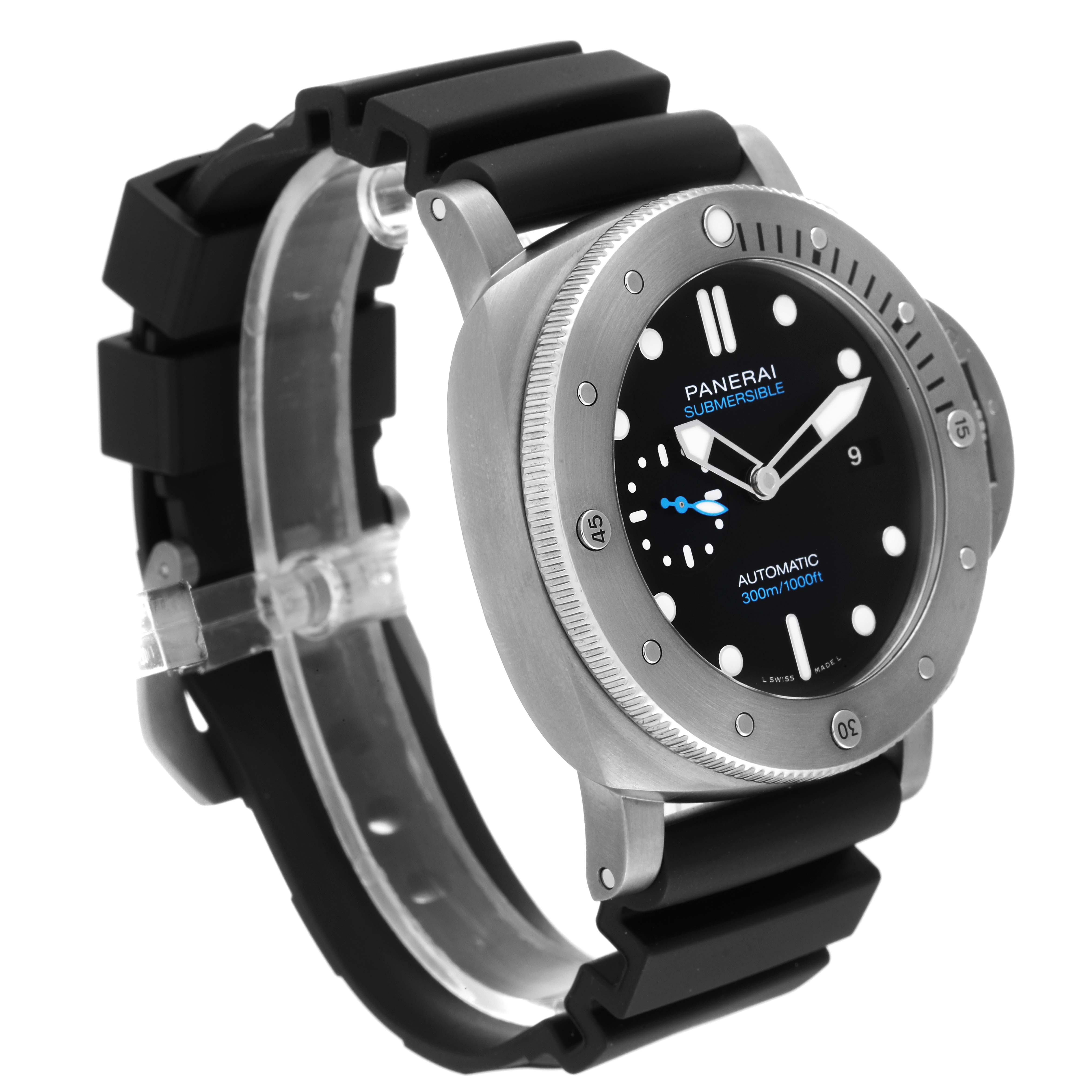 The image shows a Panerai Submersible PAM01305 Men's Titanium Black Dial PAM01305 Men's Titanium Black Dial watch at a three-quarter angle, displaying the face, bezel, and strap.