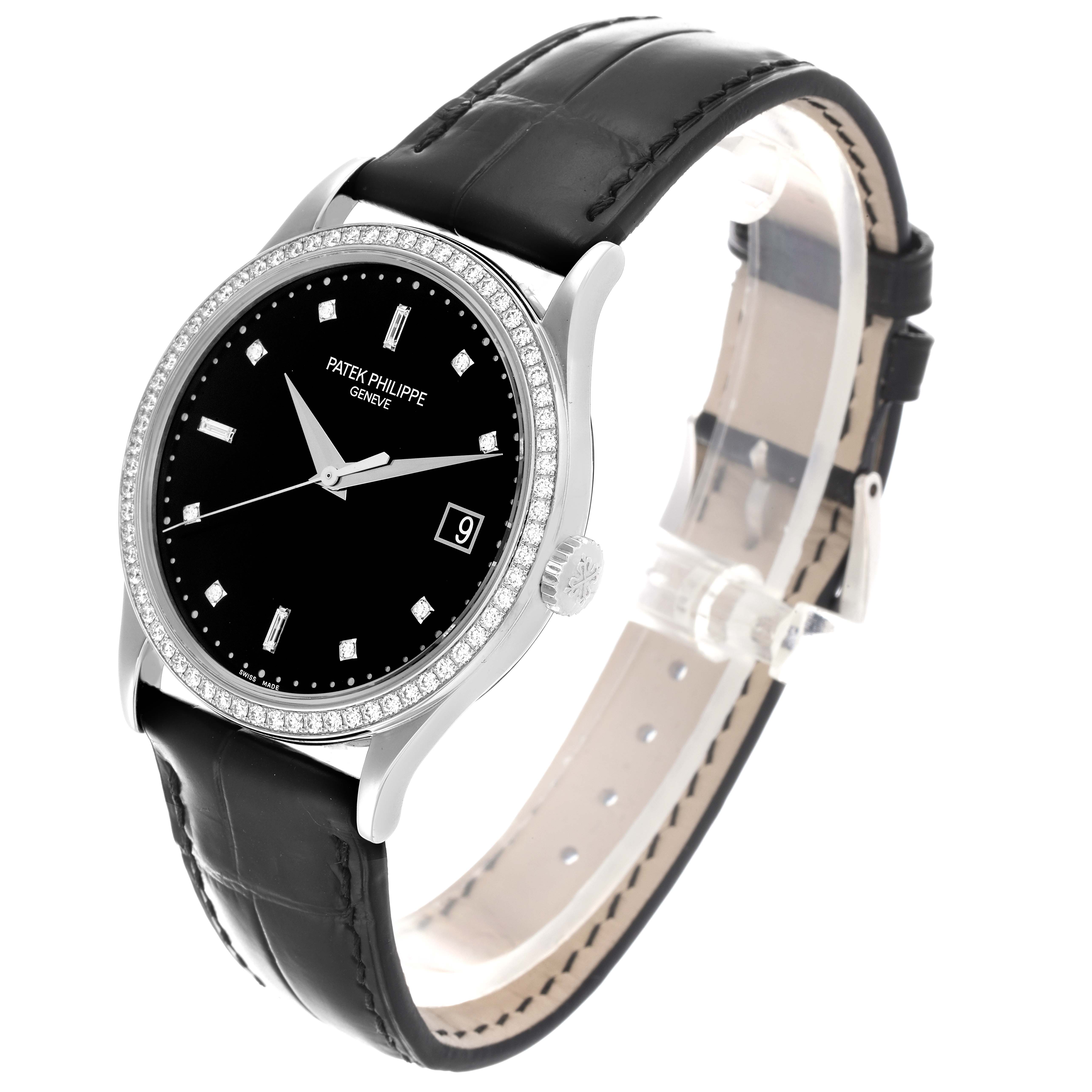 The Patek Philippe Calatrava 5297G-001 Men's White Gold Black Dial 5297G-001 Men's White Gold Black Dial watch is shown at a slight angle, displaying the face, bezel, crown, and strap.