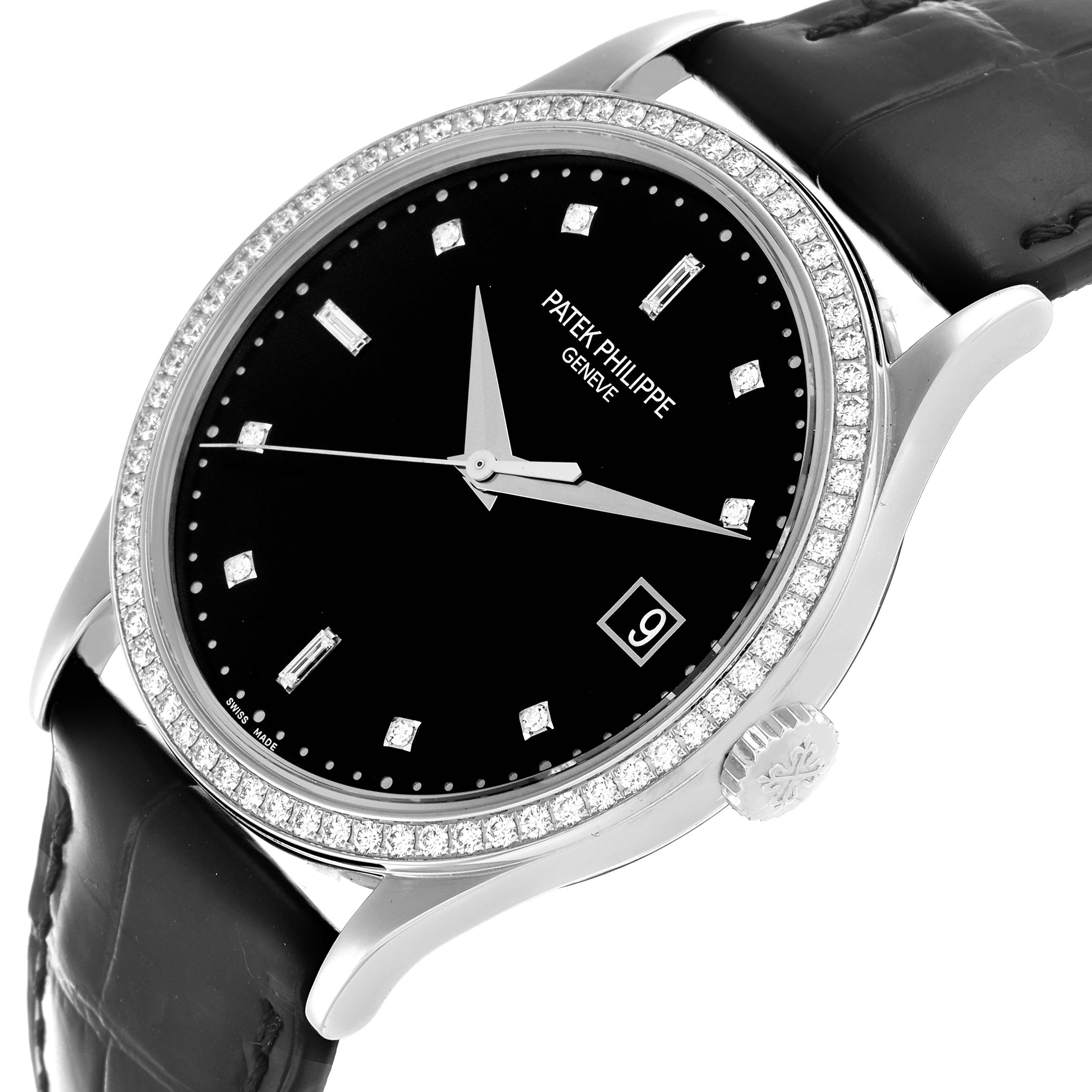 The Patek Philippe Calatrava 5297G-001 Men's White Gold Black Dial 5297G-001 Men's White Gold Black Dial watch is shown at an angled top view, displaying the black dial, bezel, crown, and leather strap.