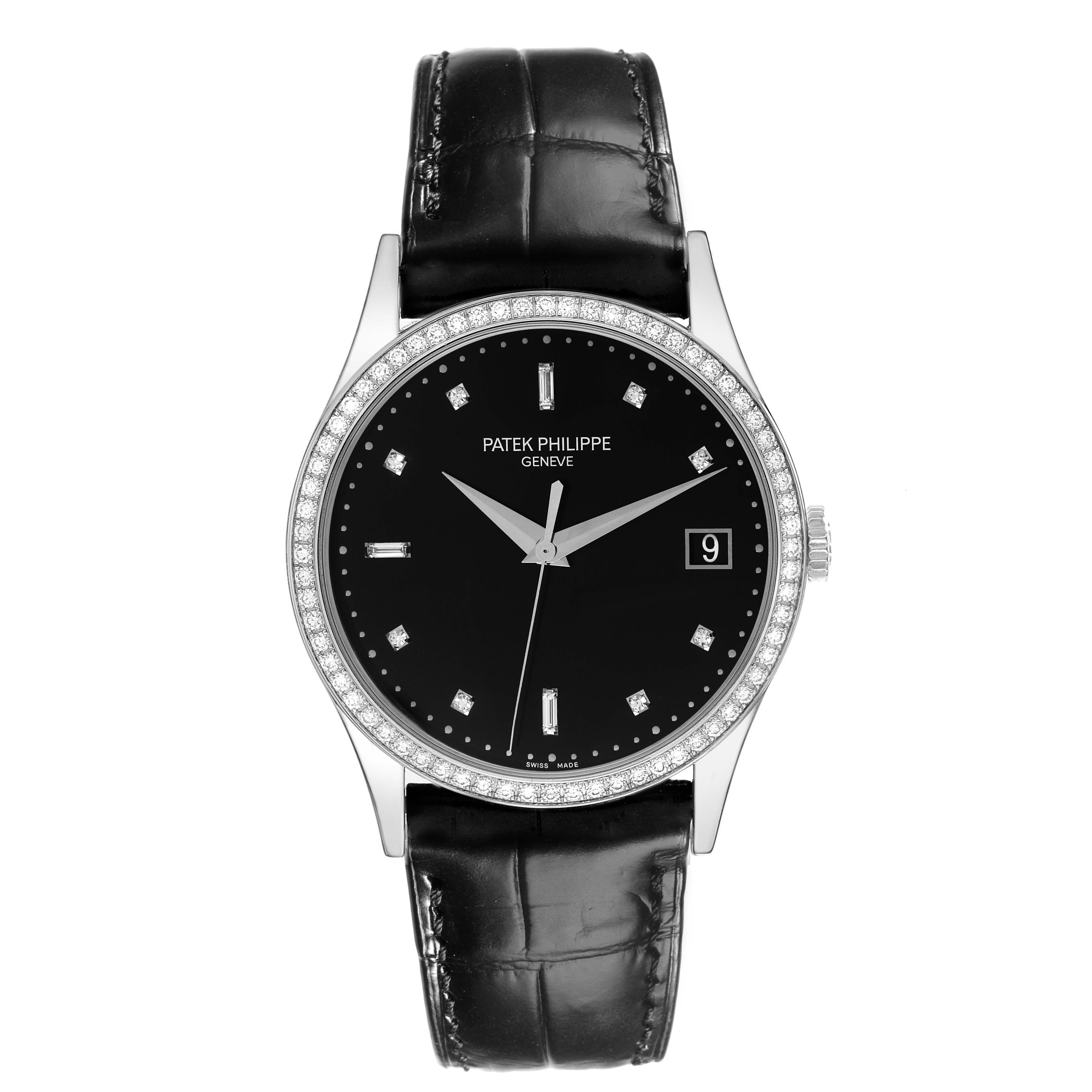 The image shows a front view of a Patek Philippe Calatrava 5297G-001 Men's White Gold Black Dial 5297G-001 Men's White Gold Black Dial watch, displaying the dial, bezel, and leather strap.