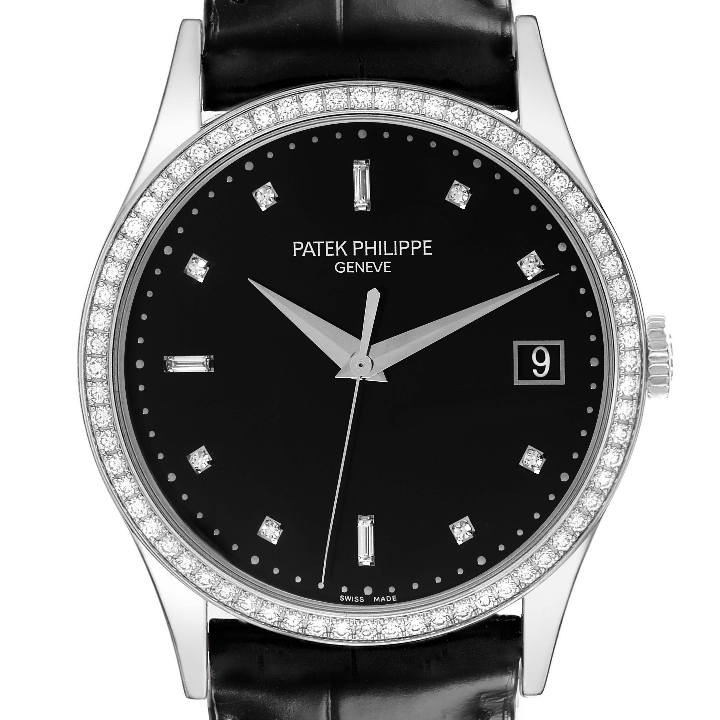 The Patek Philippe Calatrava 5297G-001 Men's White Gold Black Dial 5297G-001 Men's White Gold Black Dial watch is shown from a front angle, displaying its face, diamond bezel, and leather strap.