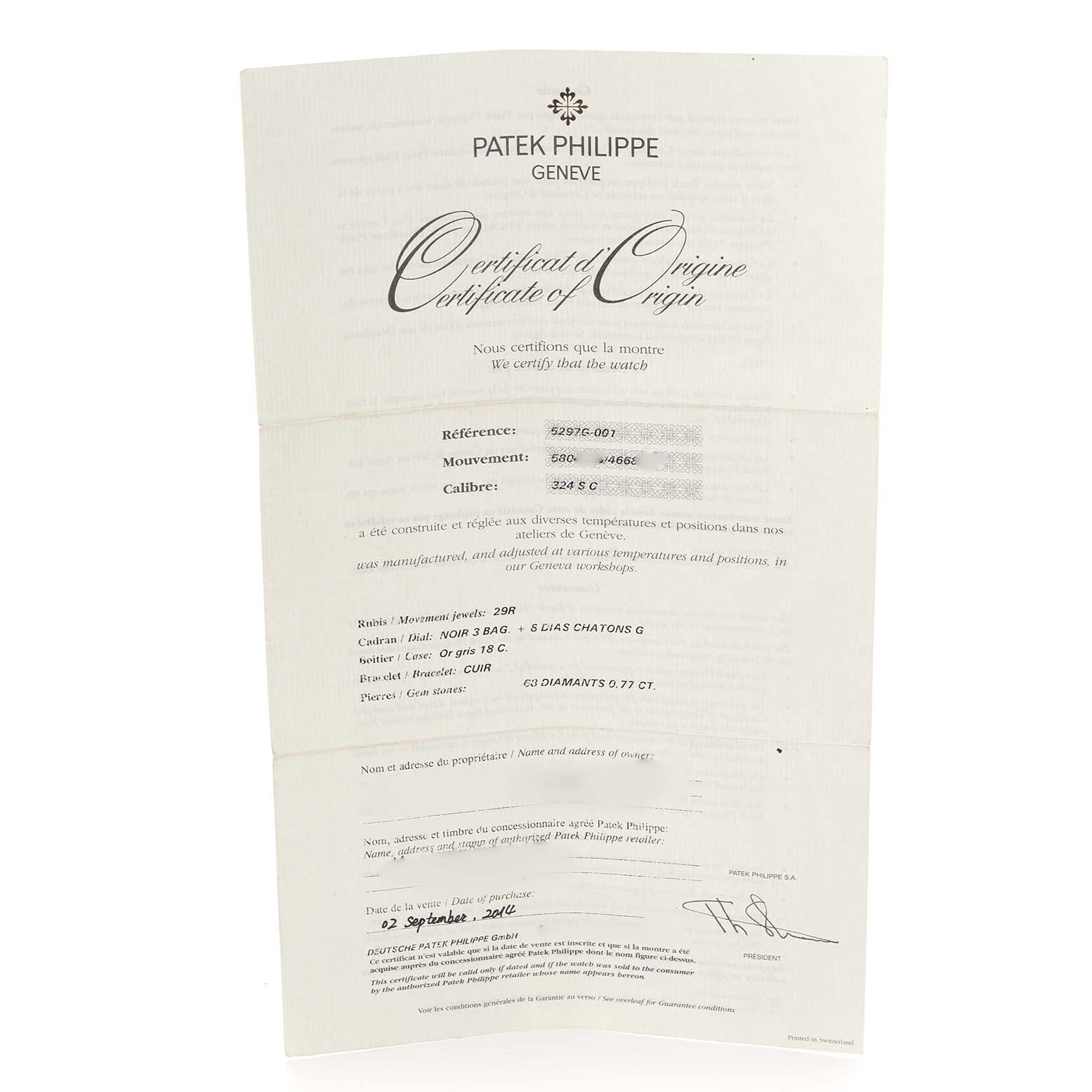The image shows a Certificate of Origin for the Patek Philippe Calatrava 5297G-001 Men's White Gold Black Dial 5297G-001 Men's White Gold Black Dial watch, detailing its specifications and authenticity.
